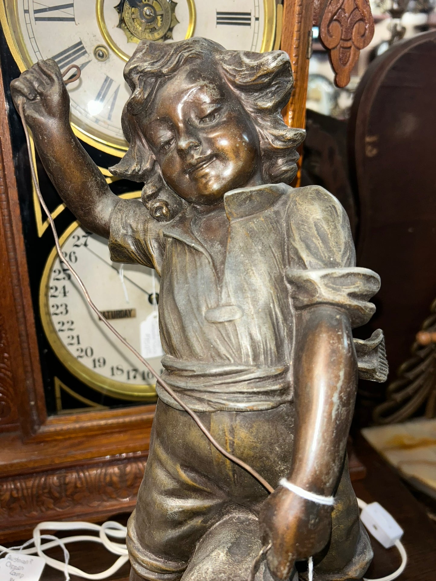 BRONZE BOY WITH DOG ANTIQUE LAMP