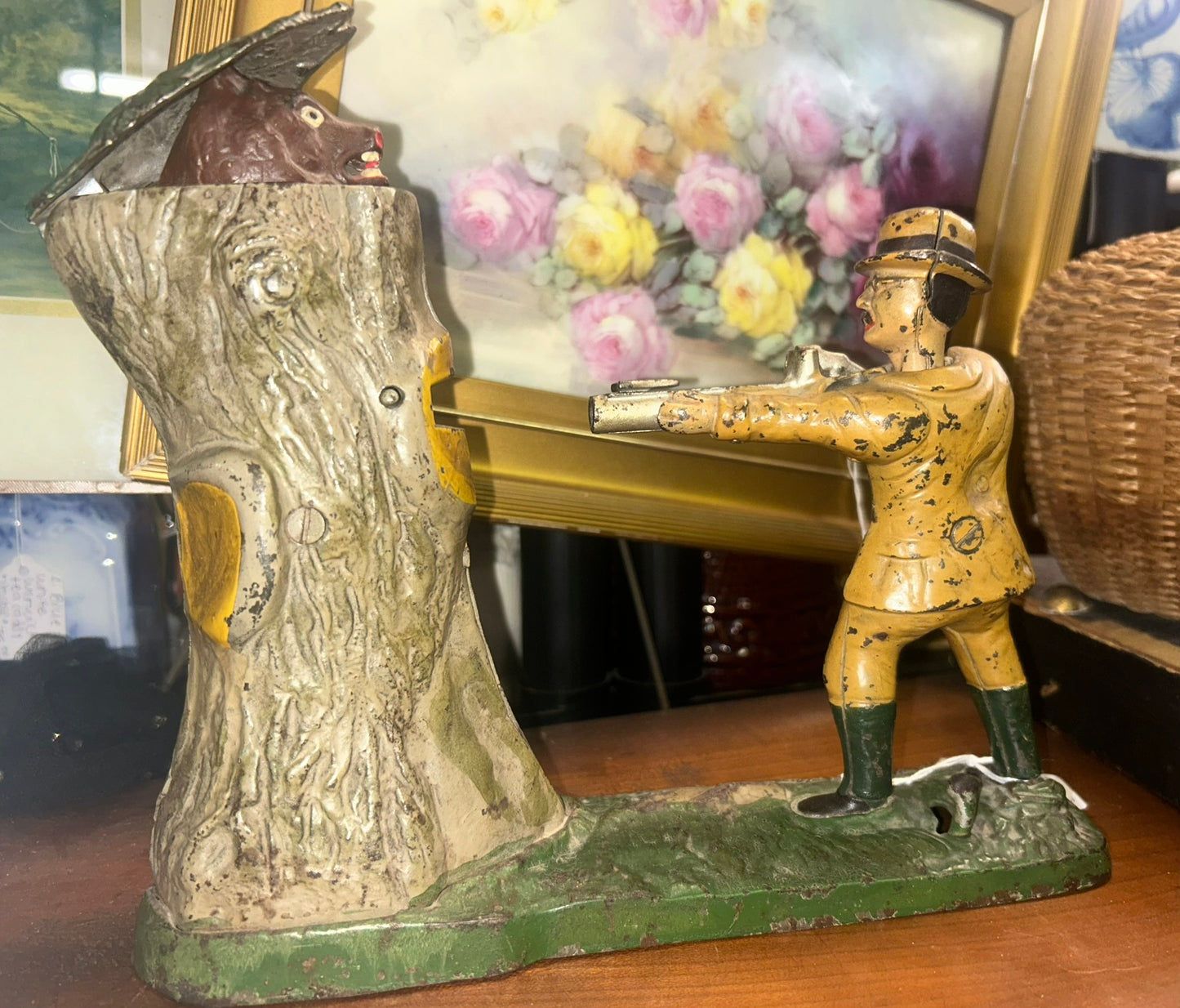 TEDDY AND THE BEAR ANTIQUE MECHANICAL BANK