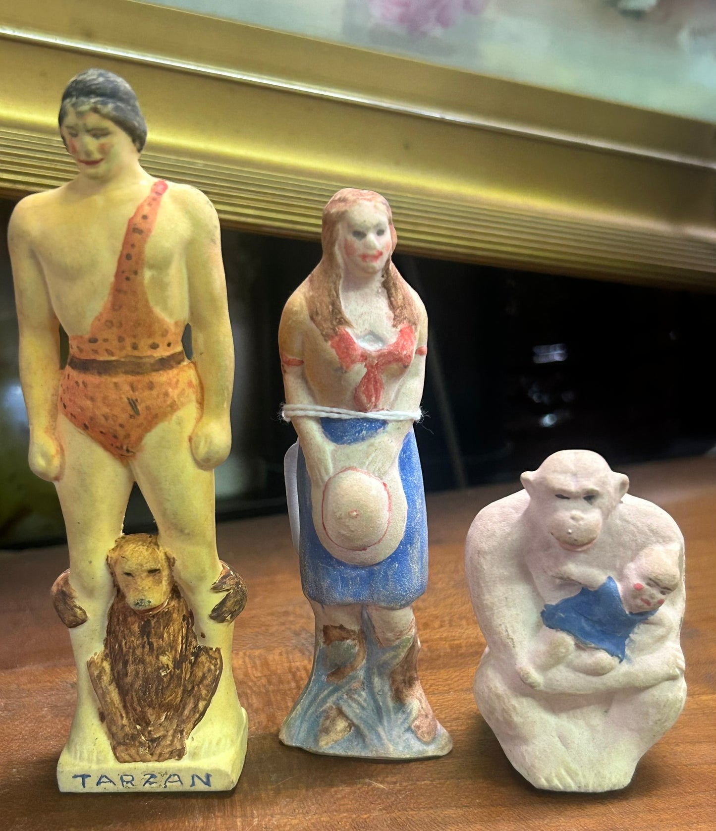 TARZAN 1930's BISQUE SMALL FIGURES OF TARZAN, JANE, BOY & CHEETA