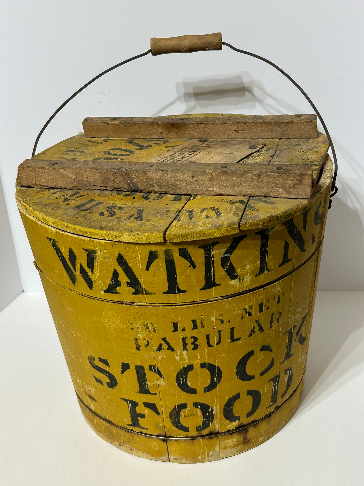 ANTIQUE WATKINS PABULAR STOCK FOOD ADDITIVE YELLOW WOODEN BUCKET