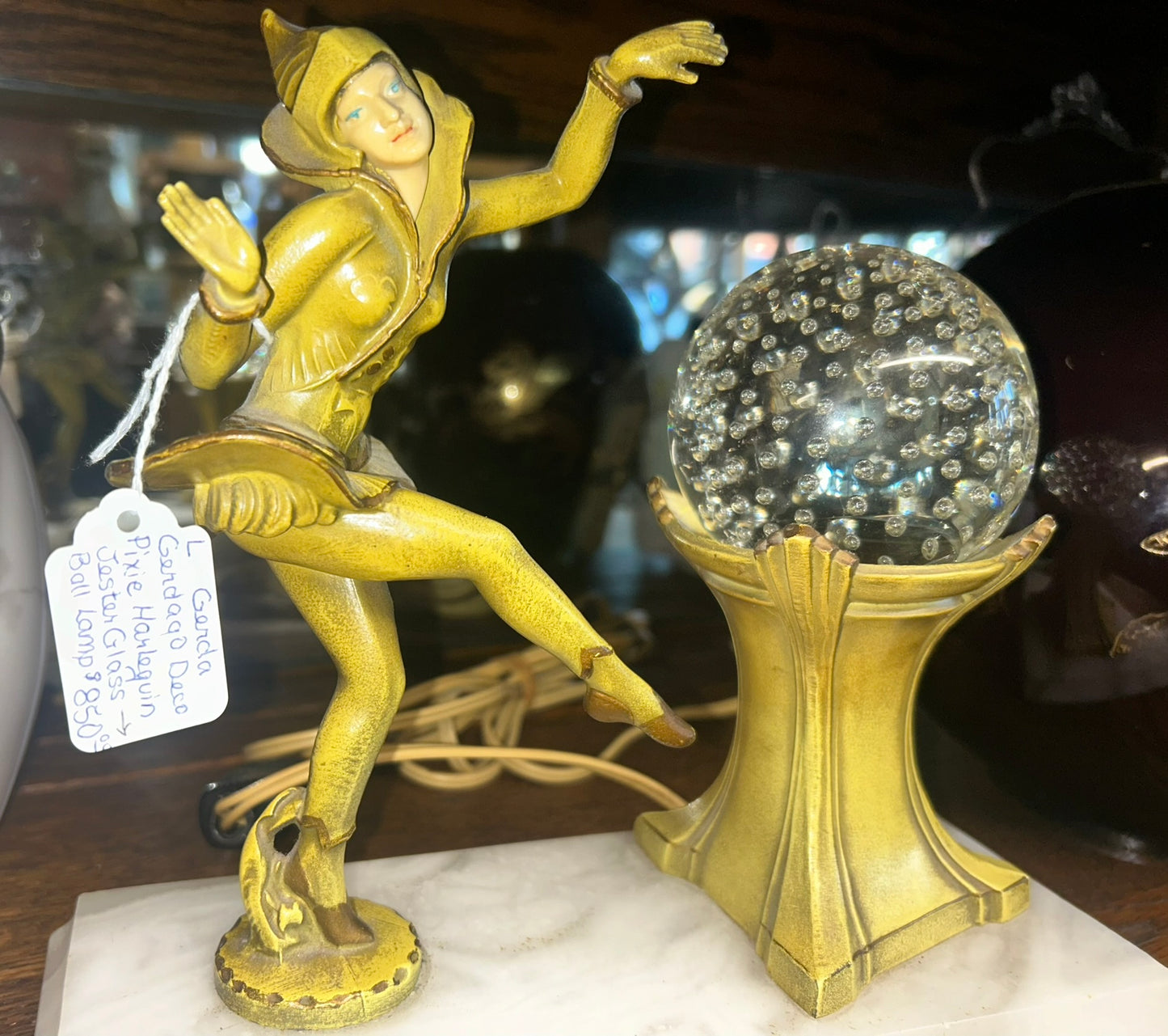 ART DECO HARLEQUIN DECO PIXIE JESTER AND GLASS BALL LAMP