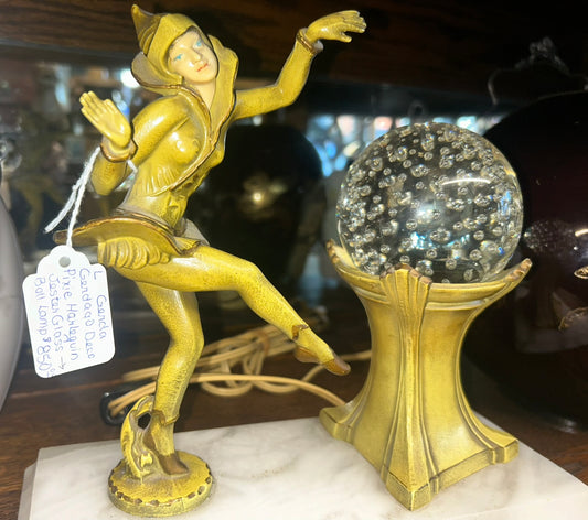 ART DECO HARLEQUIN DECO PIXIE JESTER AND GLASS BALL LAMP