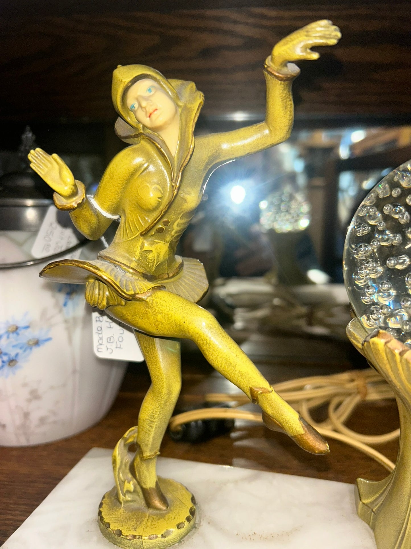 ART DECO HARLEQUIN DECO PIXIE JESTER AND GLASS BALL LAMP