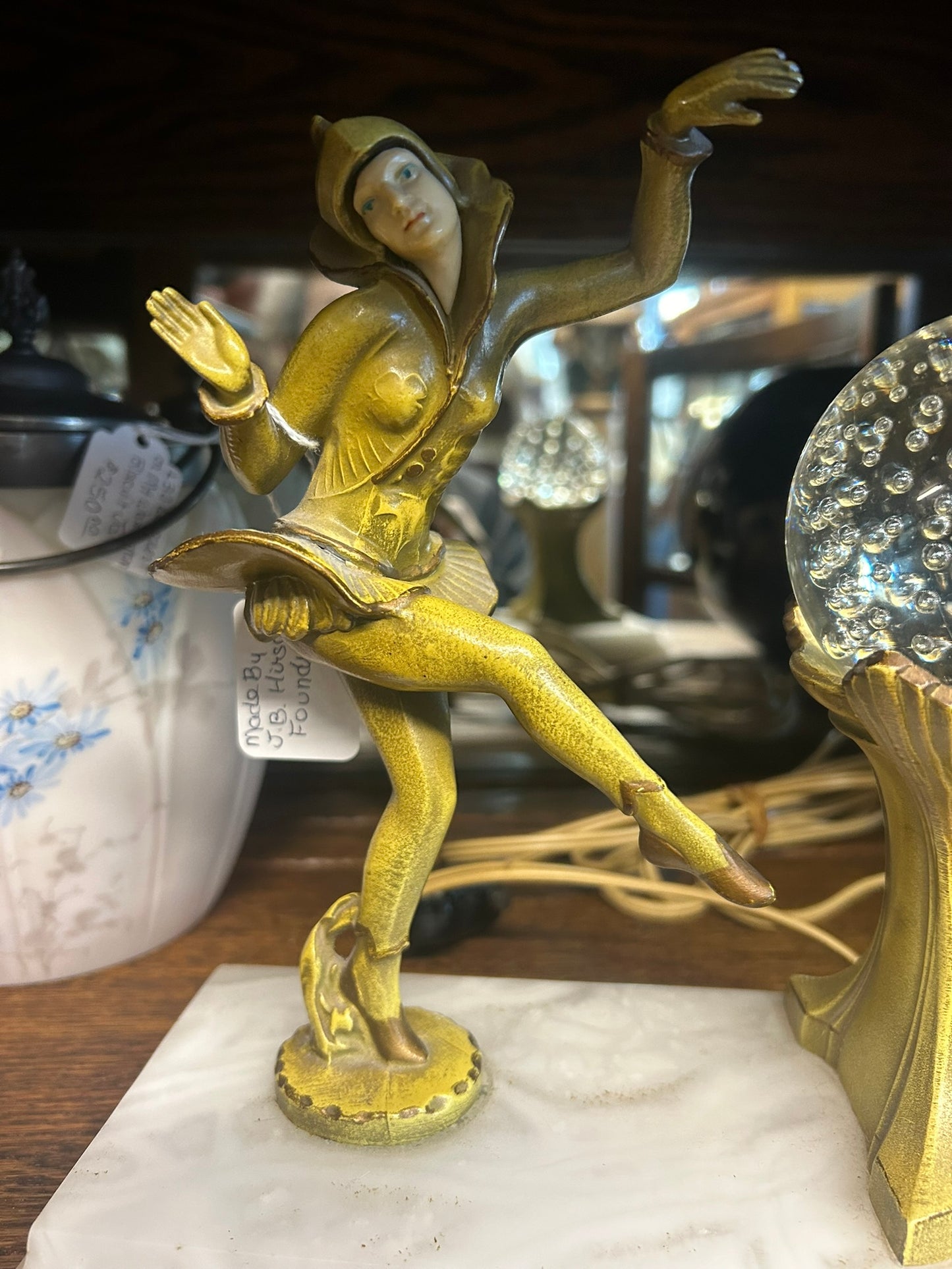 ART DECO HARLEQUIN DECO PIXIE JESTER AND GLASS BALL LAMP