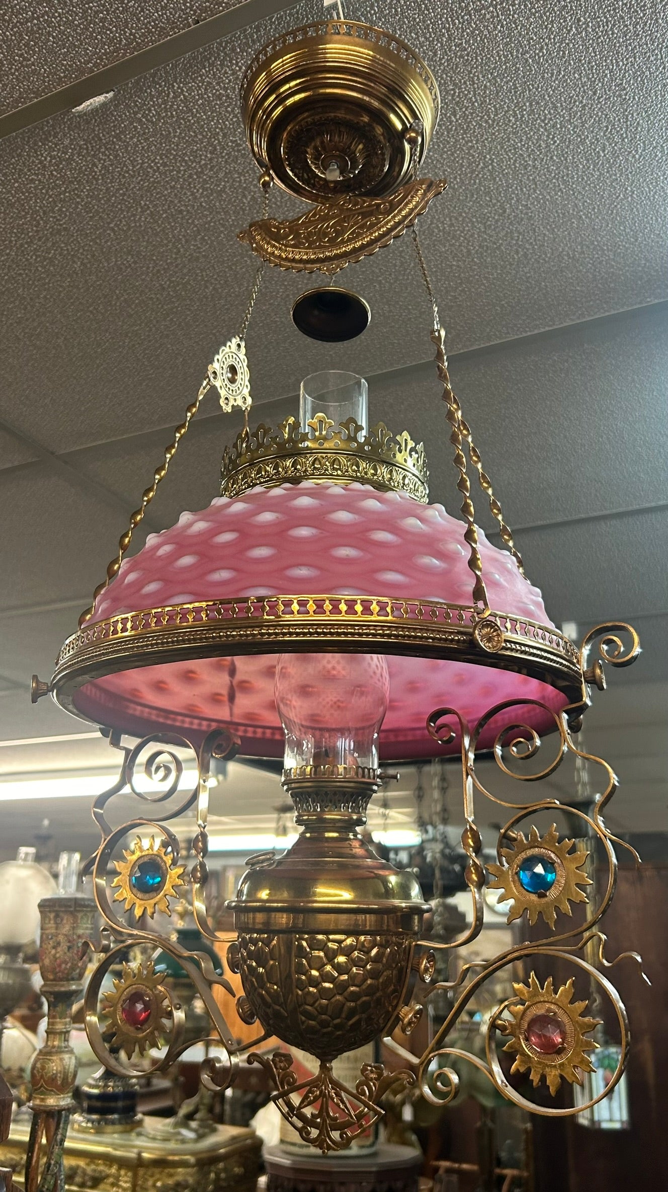 ANTIQUE OPALESCENT CRANBERRY HOBNAIL HANGING LIBRARY LAMP