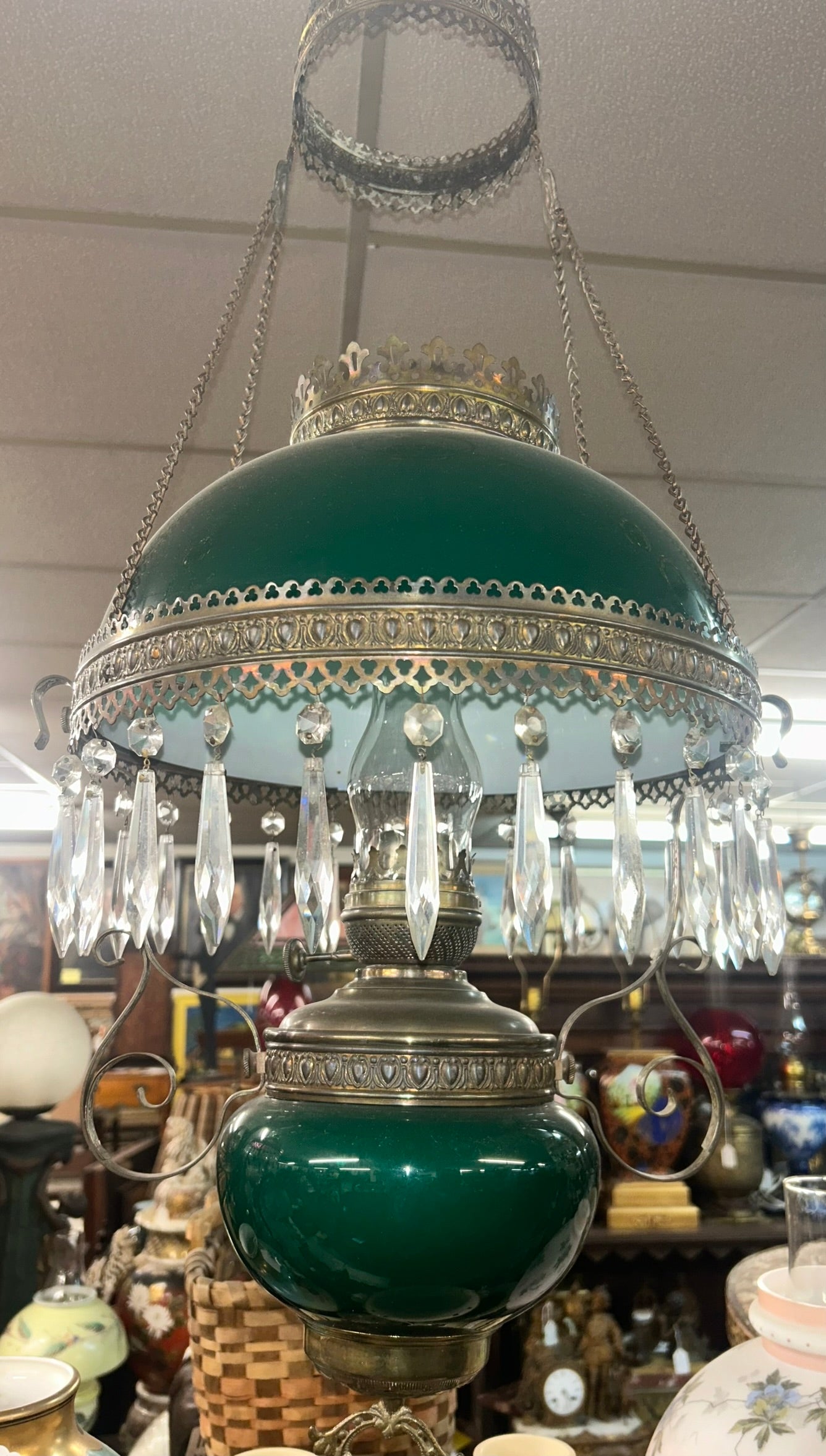 GREEN EMERLITE SHADE HANGING ANTIQUE LIBRARY LAMP.