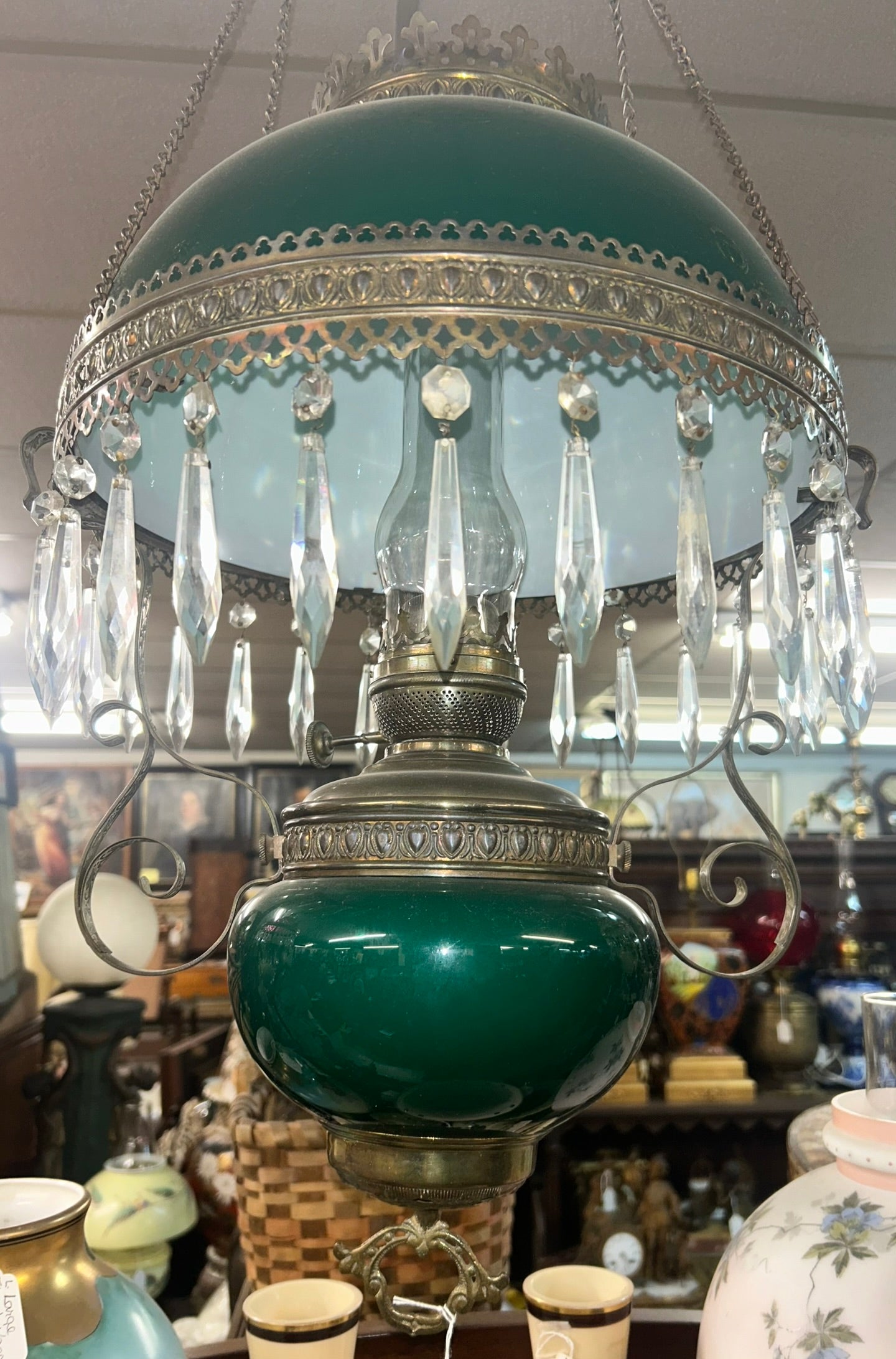 GREEN EMERLITE SHADE HANGING ANTIQUE LIBRARY LAMP.