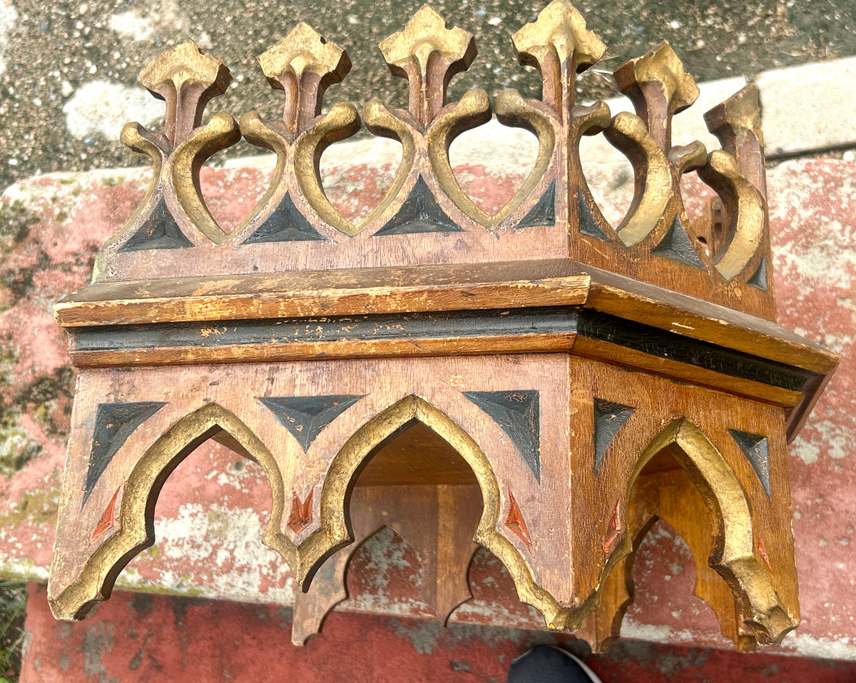 ANTIQUE GOTHIC HANGING WALL SHELF FROM EARLY CHURCH