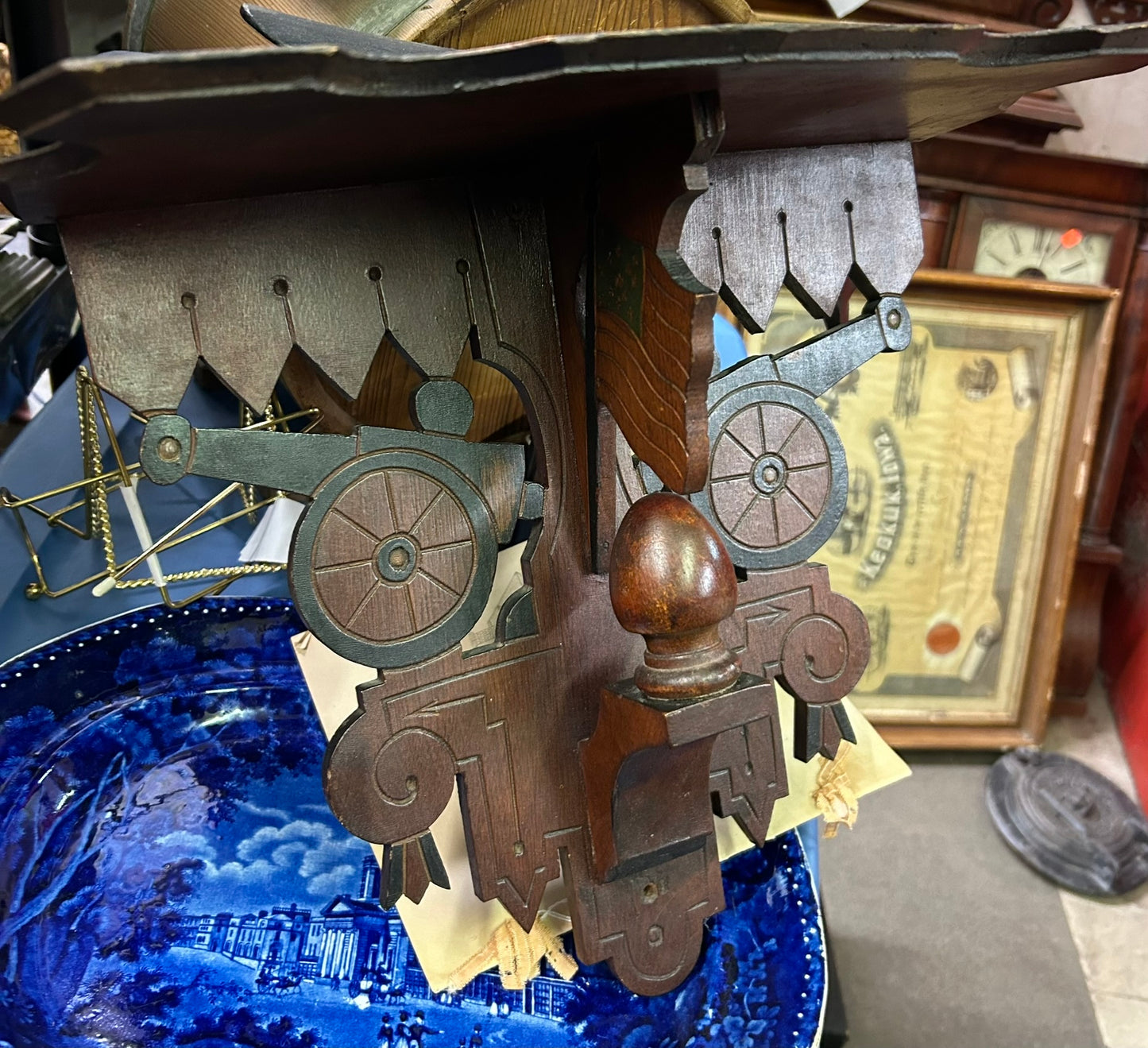 ANTIQUE FOLK ART WOOD SHELF WITH CANNONS AND FLAGS