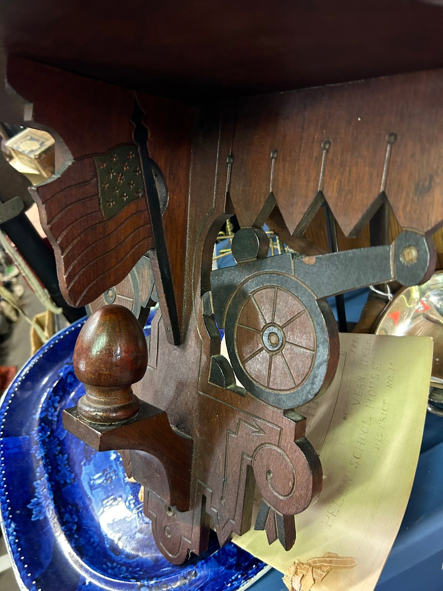 ANTIQUE FOLK ART WOOD SHELF WITH CANNONS AND FLAGS
