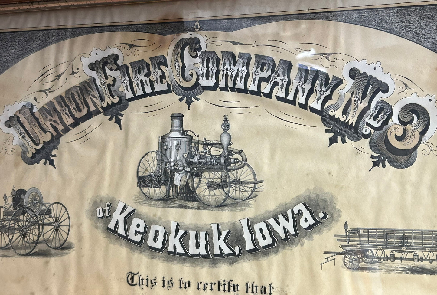 1800's UNION FIRE COMPANY #3 OF KEOKUK, IOWA LARGE FRAMED CERTIFICATE