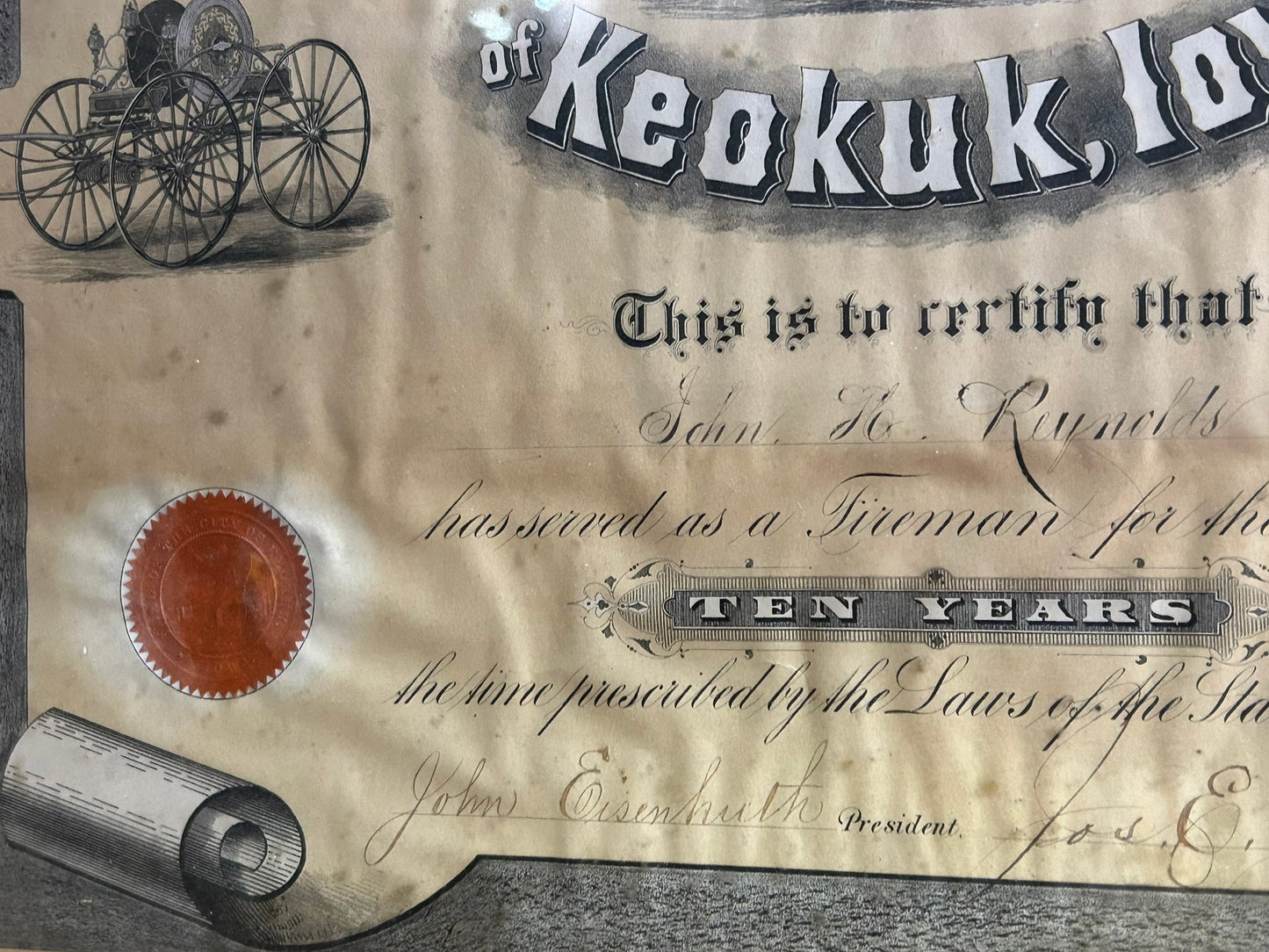 1800's UNION FIRE COMPANY #3 OF KEOKUK, IOWA LARGE FRAMED CERTIFICATE