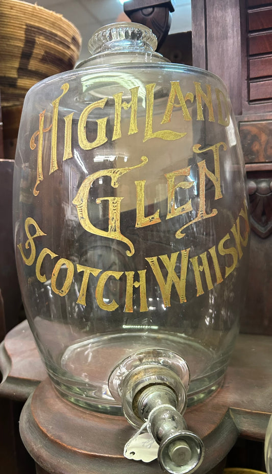 HIGHLAND SCOTCH WHISKEY ANTIQUE GLASS BACK BAR GLASS DISPENSER