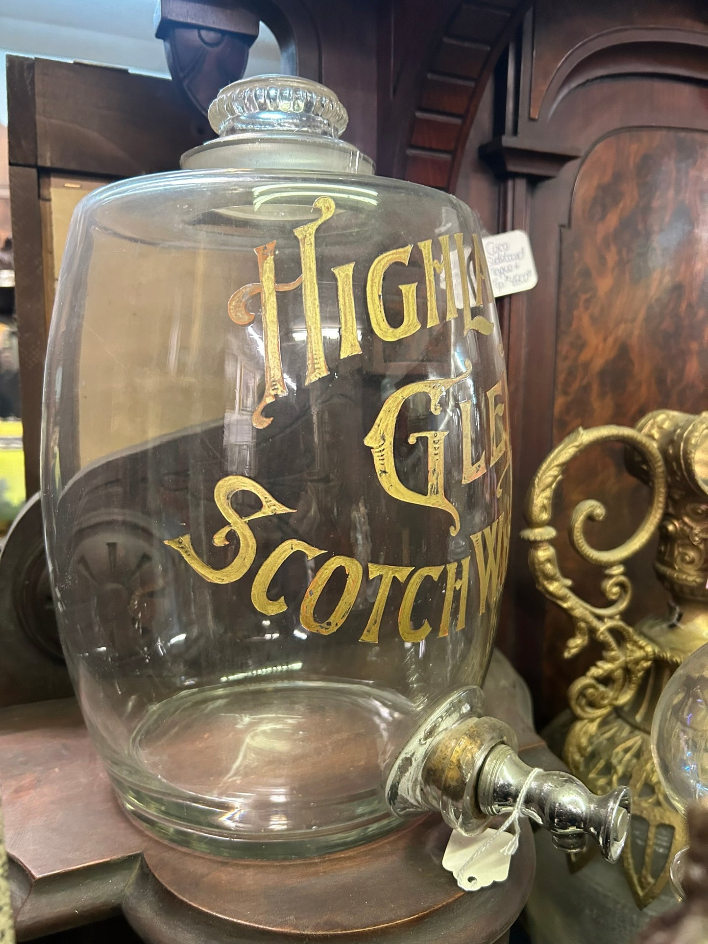 HIGHLAND SCOTCH WHISKEY ANTIQUE GLASS BACK BAR GLASS DISPENSER