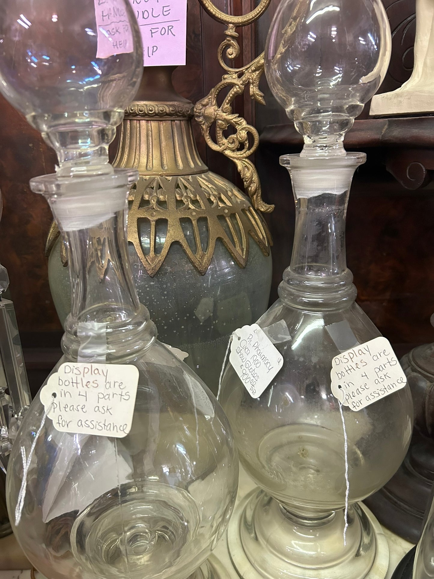 ANTIQUE DRUG STORE LARGE PAIR OF GLASS DISPLAY BOTTLES