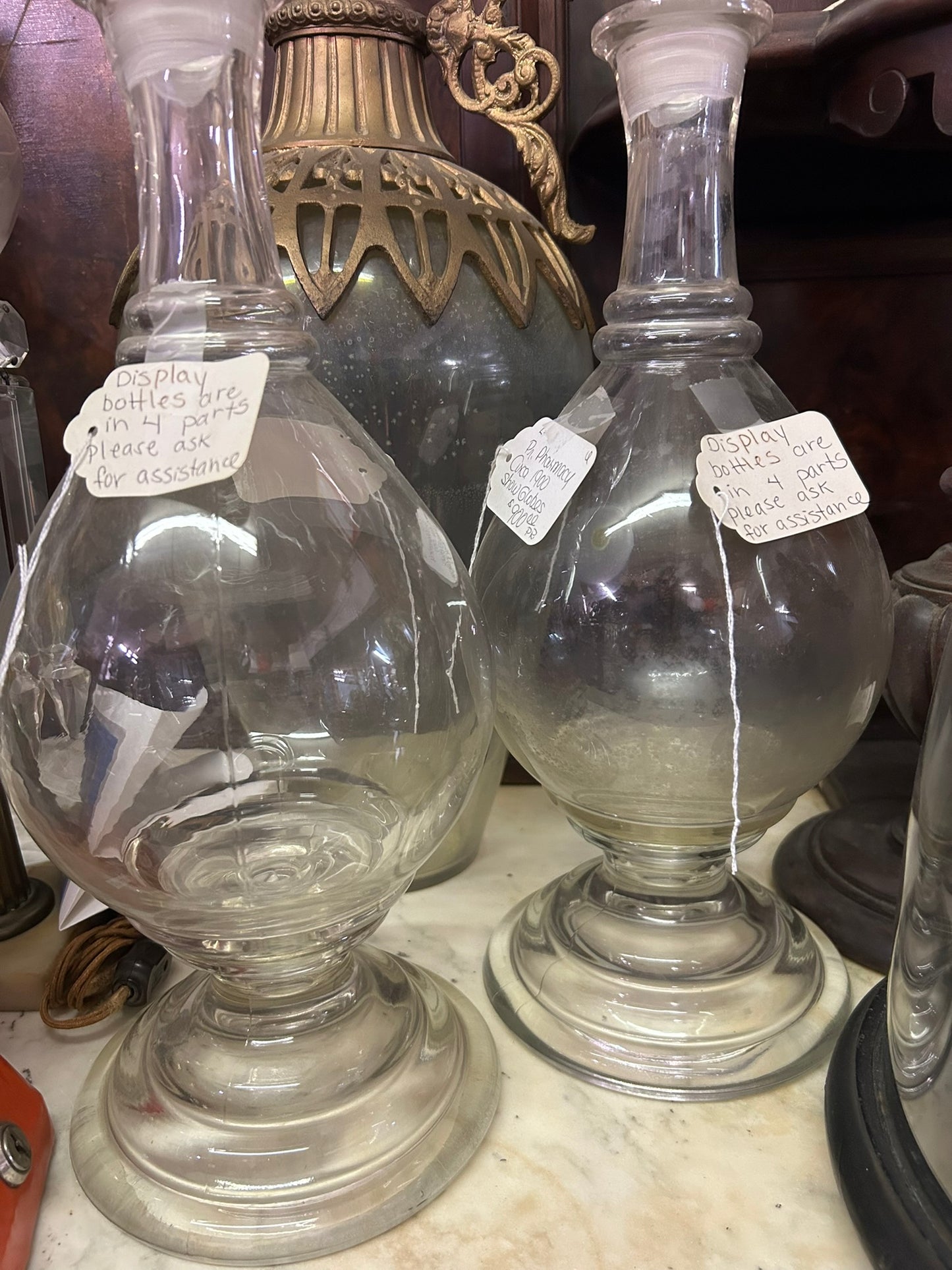 ANTIQUE DRUG STORE LARGE PAIR OF GLASS DISPLAY BOTTLES