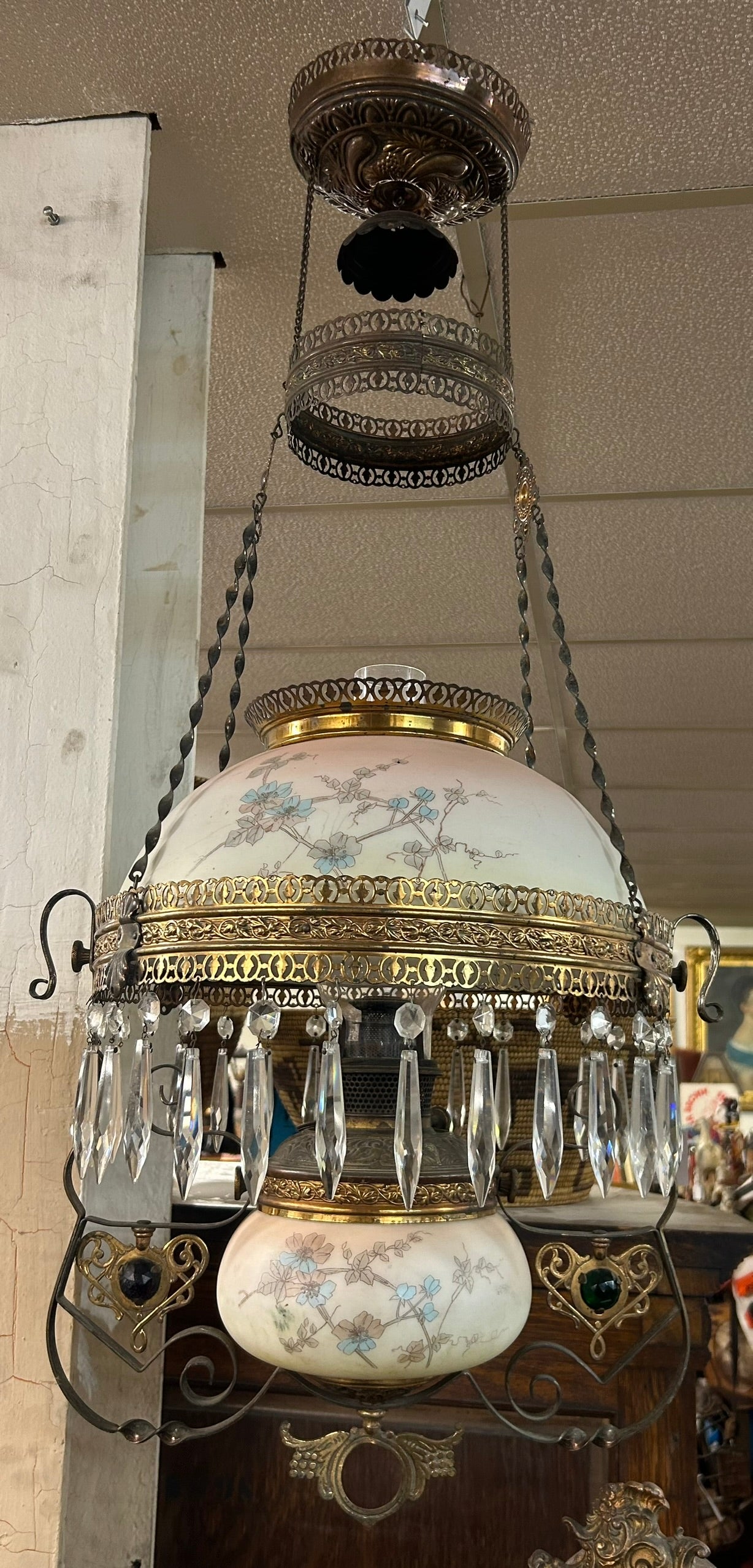 VICTORIAN ANTIQUE HANGING LIBRARY WAVECREST KELVA STYLE LAMP