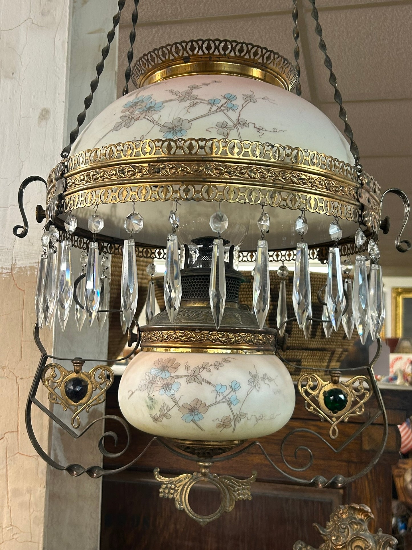 VICTORIAN ANTIQUE HANGING LIBRARY WAVECREST KELVA STYLE LAMP