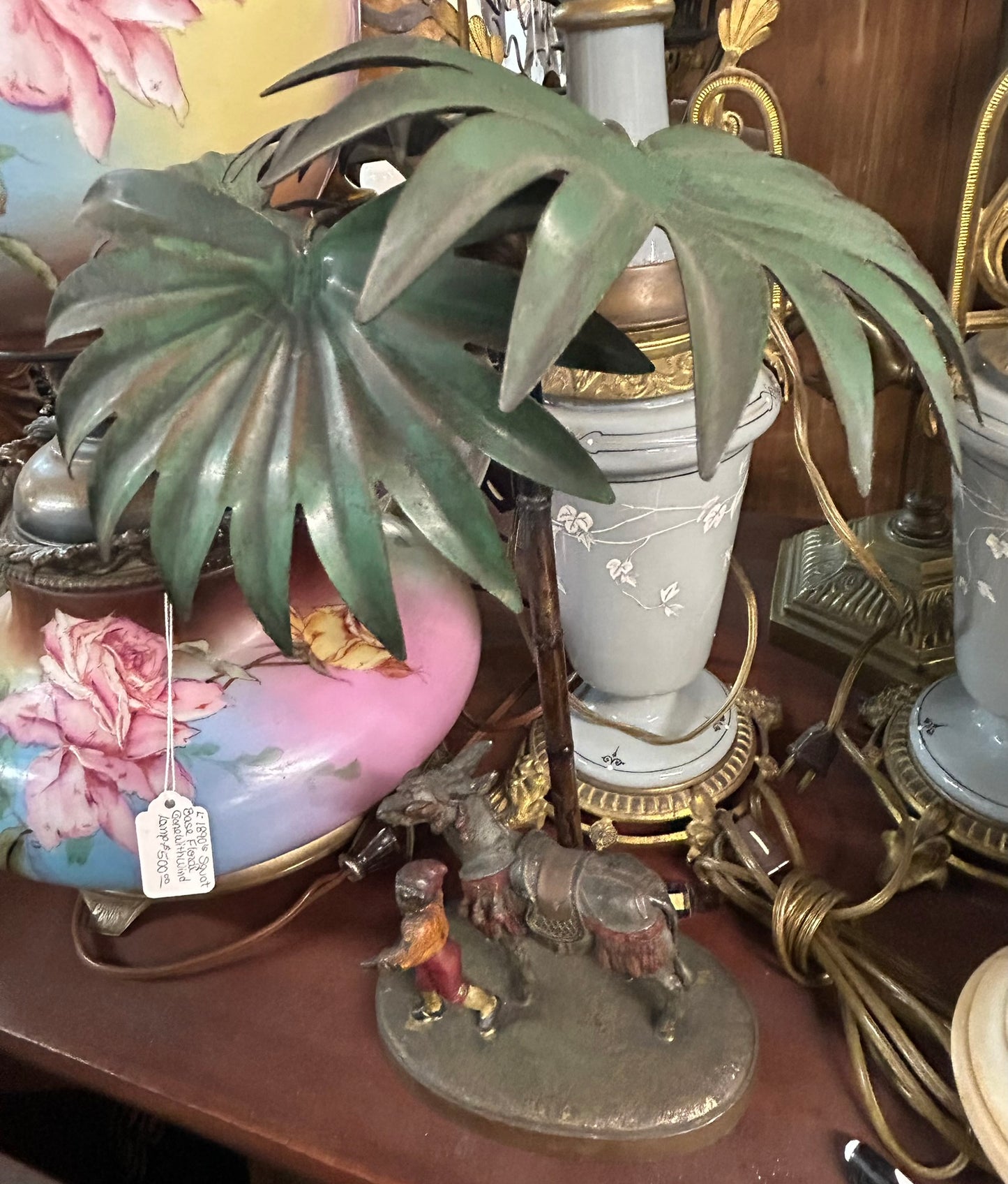 BERGMAN STYLE FIGURAL ANTIQUE LAMP WITH BOY AND DONKEY BY PALM TREE