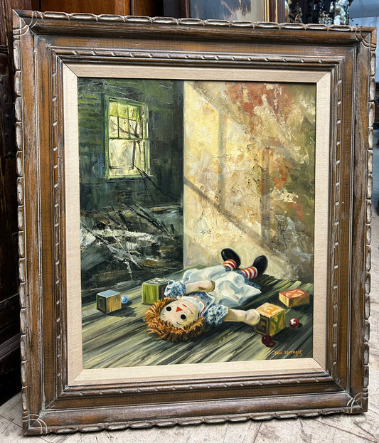TIM OR JIM STRONG PAINTING OF DOLL IN DECAYED INTERIOR