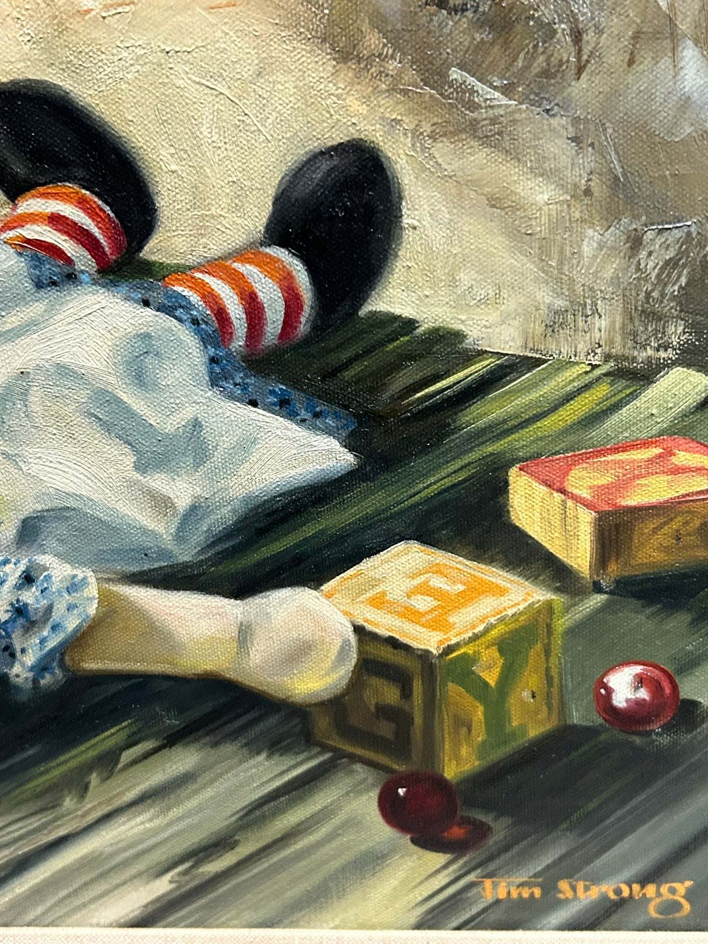 TIM OR JIM STRONG PAINTING OF DOLL IN DECAYED INTERIOR