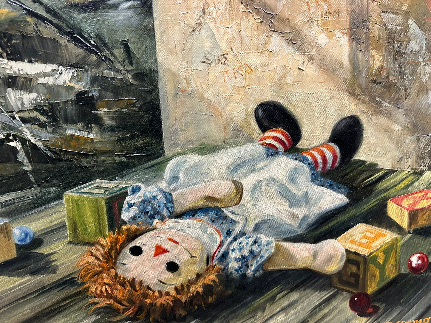 TIM OR JIM STRONG PAINTING OF DOLL IN DECAYED INTERIOR