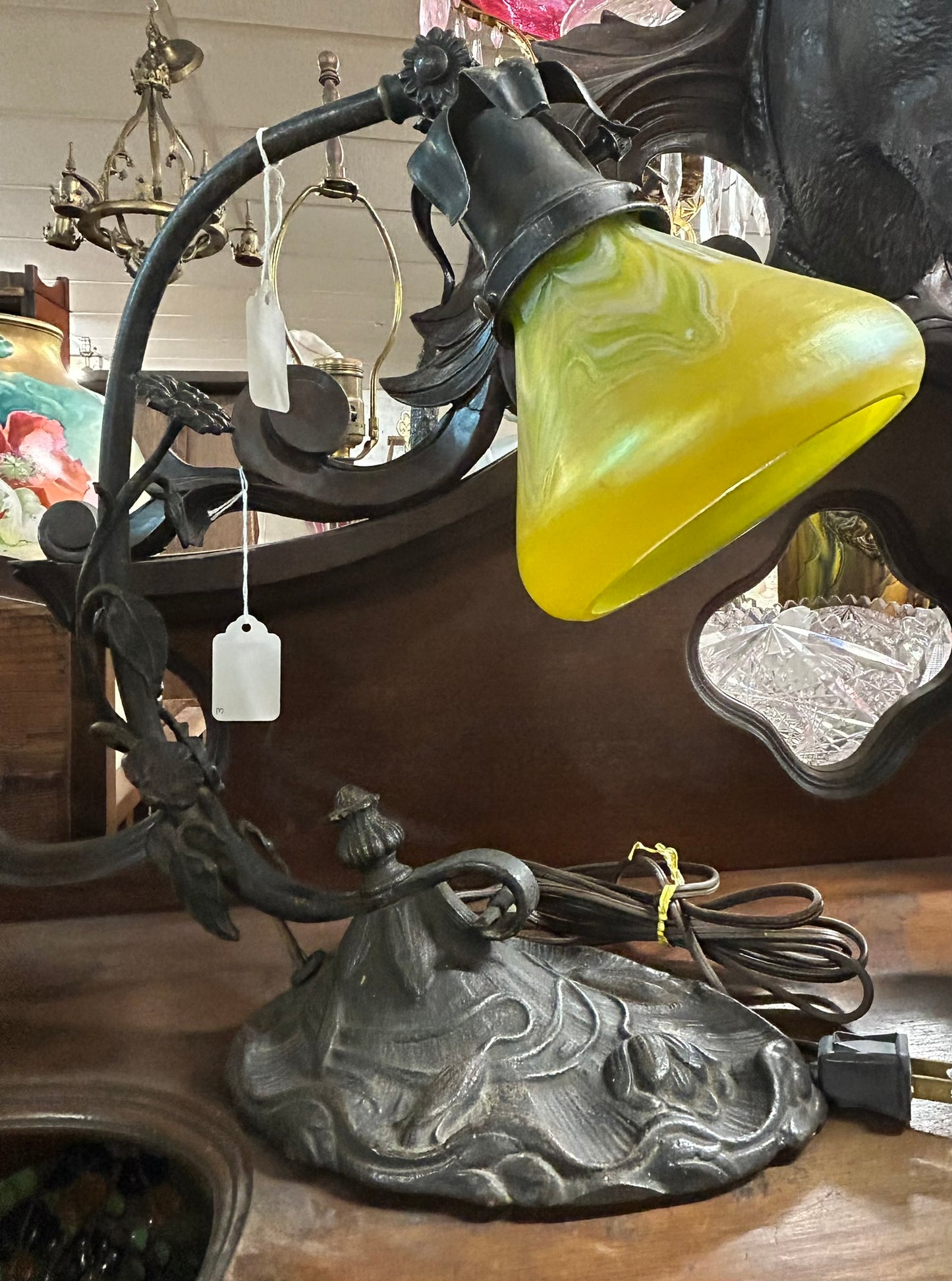 LOETZ GLASS YELLOW SHADE DESK LAMP WITH ART NOVEAU BASE