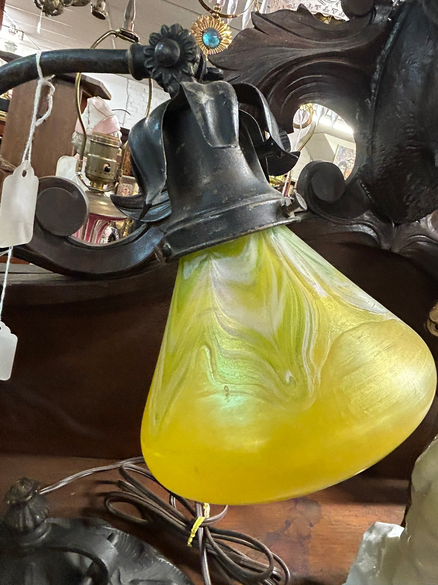 LOETZ GLASS YELLOW SHADE DESK LAMP WITH ART NOVEAU BASE