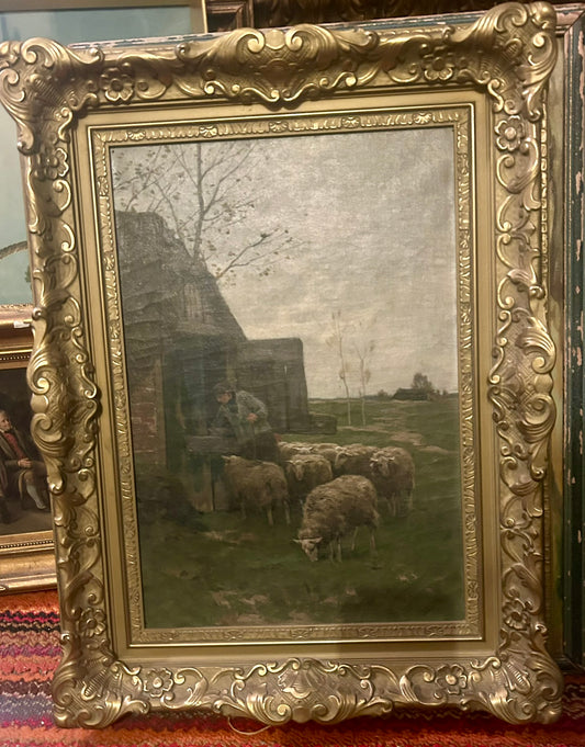 WILLEM STEELINK 1856-1928 PAINTING OF SHEEP AND MAN