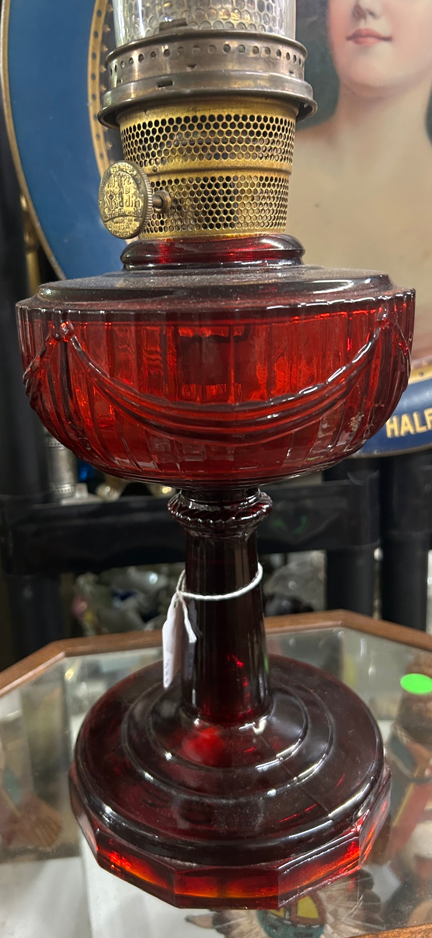 ALADDIN RUBY RED TALL LINCOLN DRAPE LAMP WITH AMBERINA BOTTOM