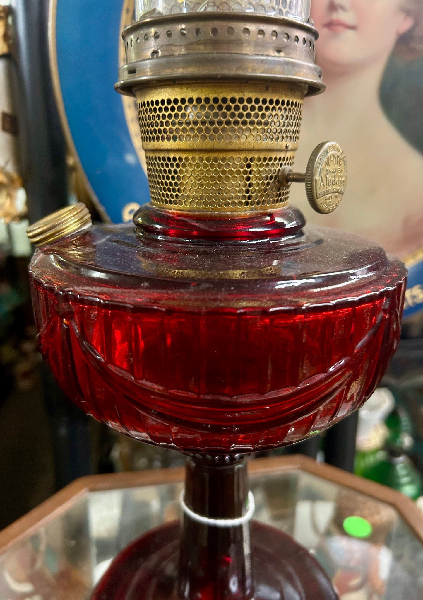 ALADDIN RUBY RED TALL LINCOLN DRAPE LAMP WITH AMBERINA BOTTOM
