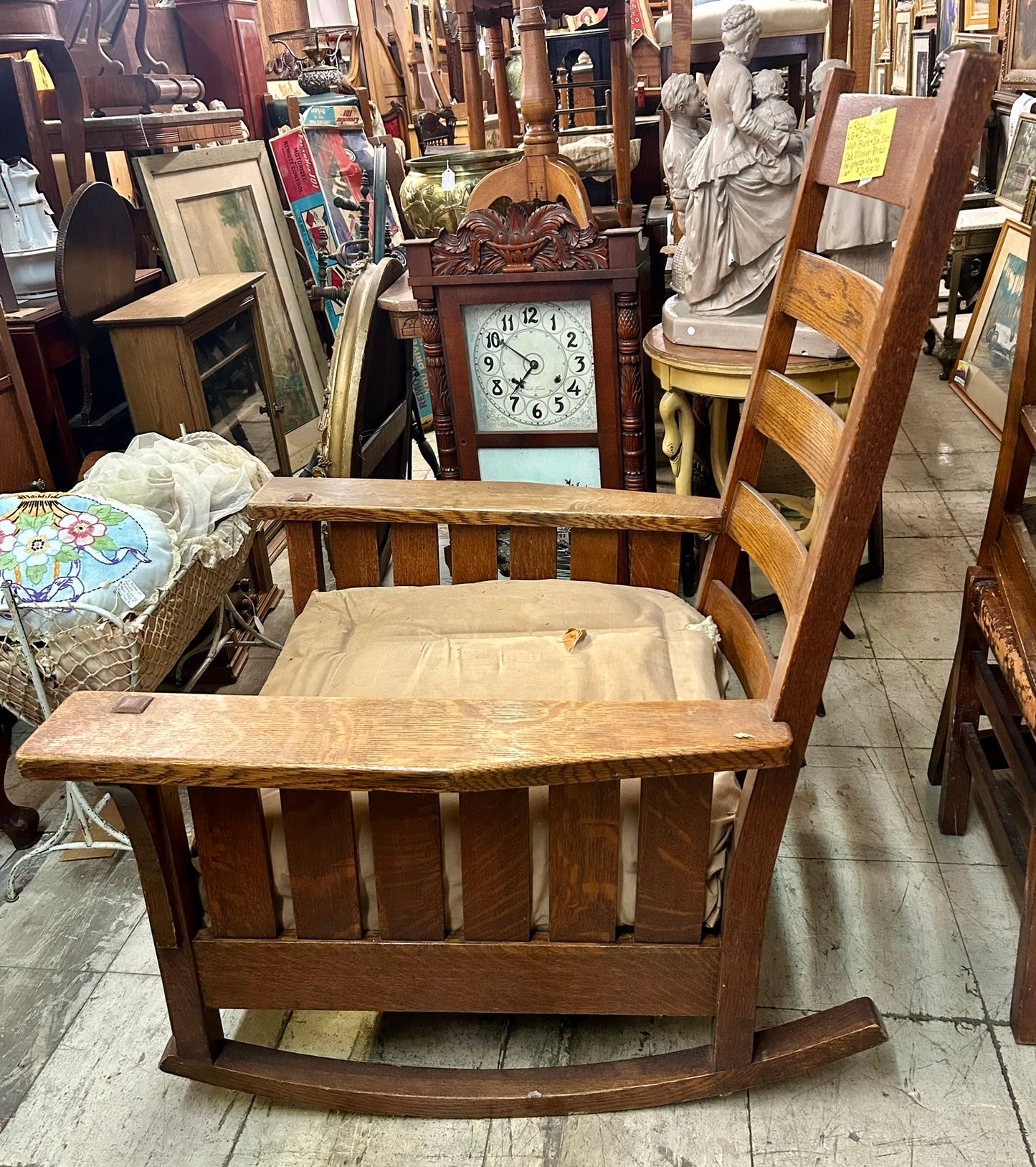 L. G. & J. STICKLEY HIGH BACK ARTS & CRAFTS ROCKING CHAIR WITH UNDER ARM SLATS