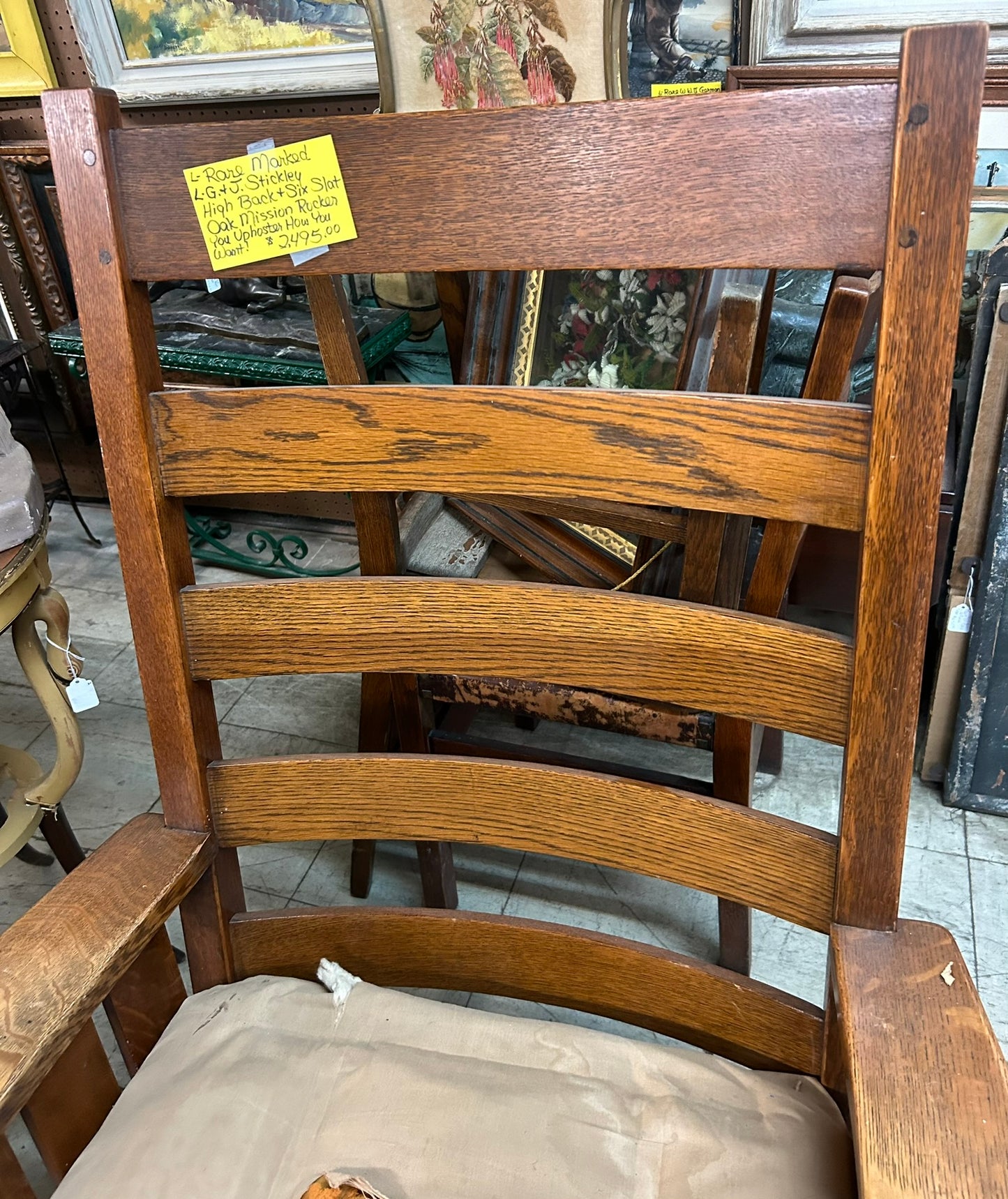 L. G. & J. STICKLEY HIGH BACK ARTS & CRAFTS ROCKING CHAIR WITH UNDER ARM SLATS