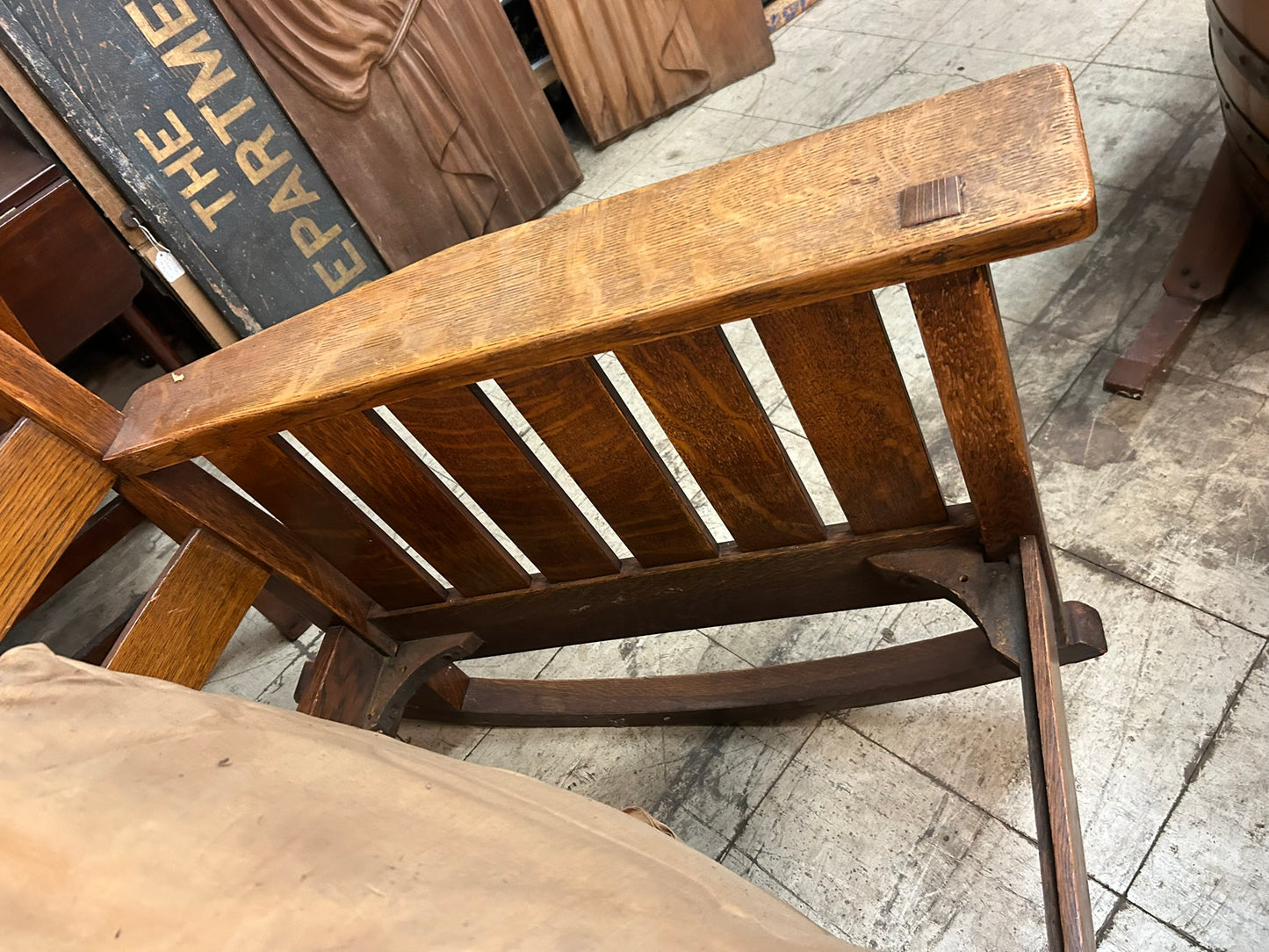 L. G. & J. STICKLEY HIGH BACK ARTS & CRAFTS ROCKING CHAIR WITH UNDER ARM SLATS