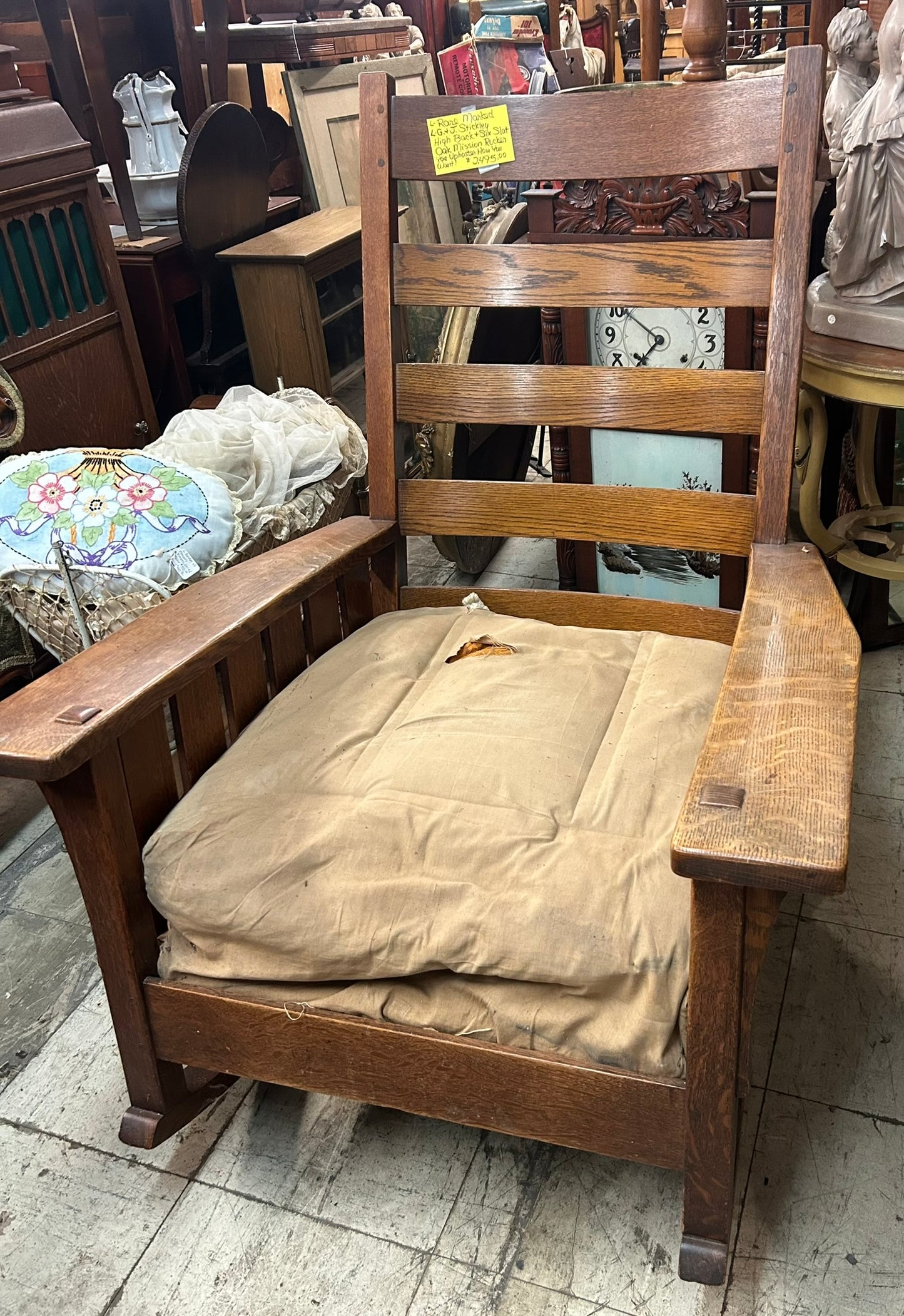 L. G. & J. STICKLEY HIGH BACK ARTS & CRAFTS ROCKING CHAIR WITH UNDER ARM SLATS