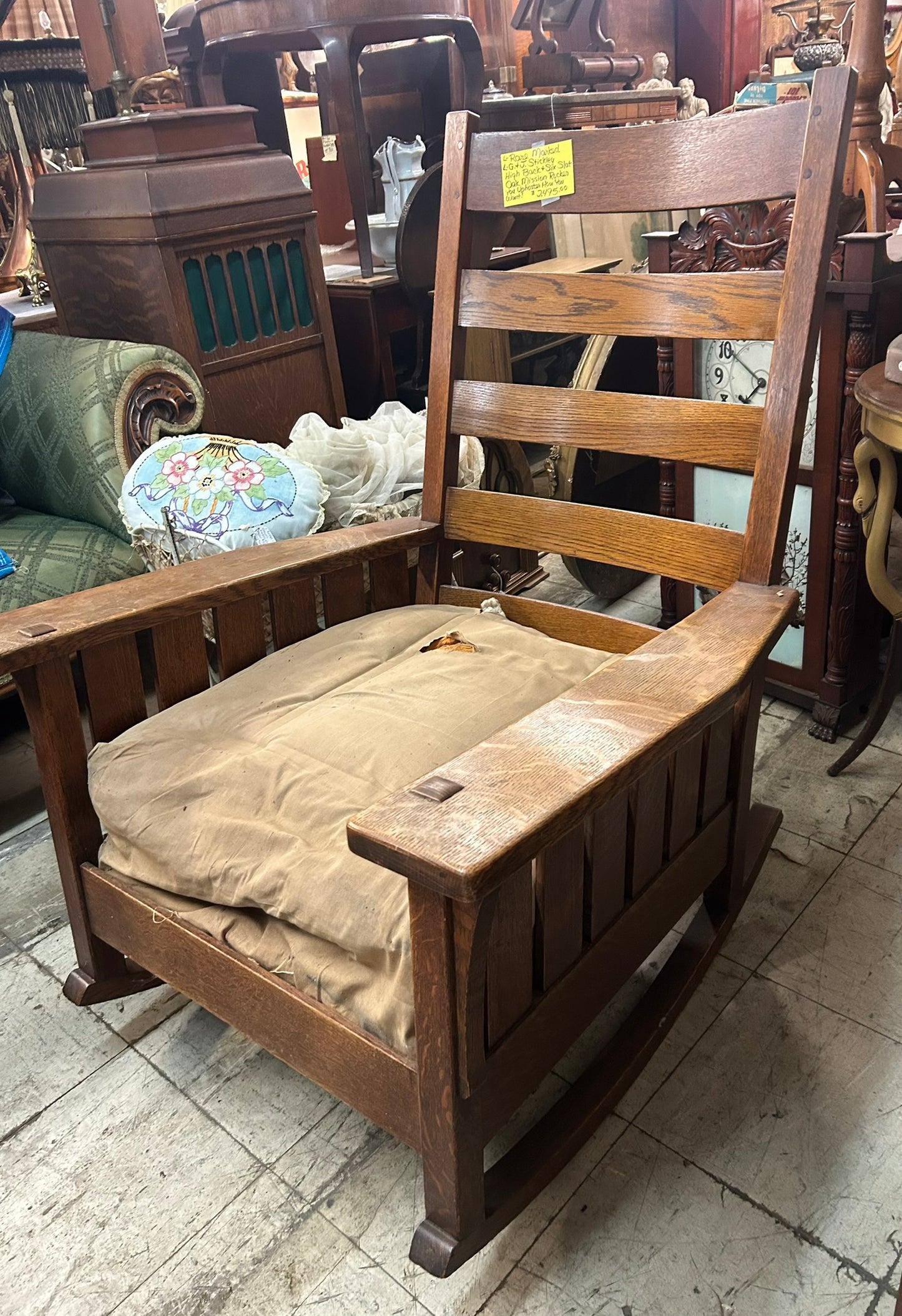 L. G. & J. STICKLEY HIGH BACK ARTS & CRAFTS ROCKING CHAIR WITH UNDER ARM SLATS