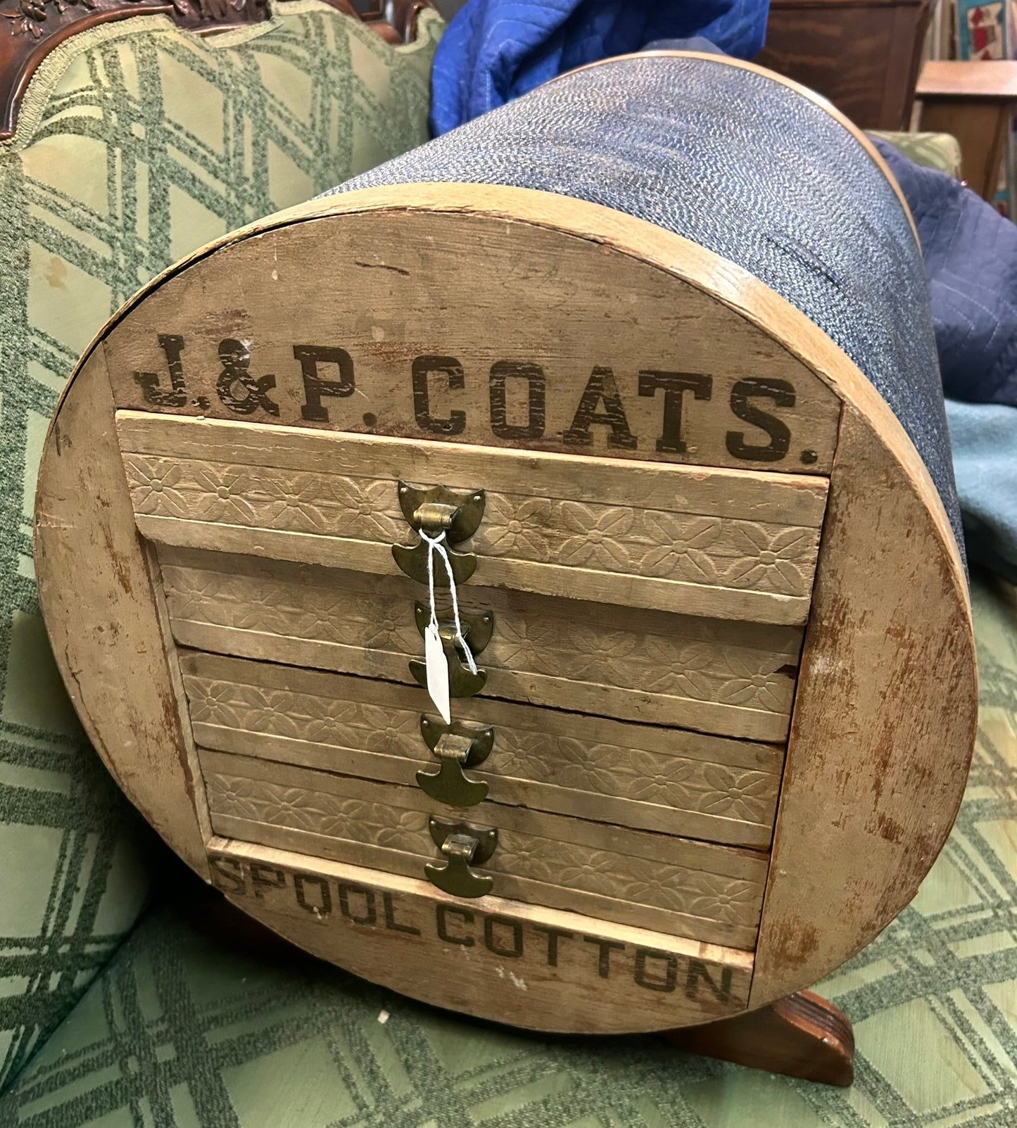 ANTIQUE FIGURAL J. P. COATS SPOOL CABINET