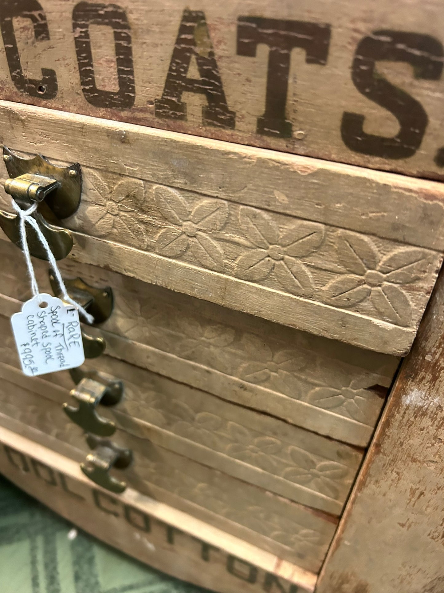 ANTIQUE FIGURAL J. P. COATS SPOOL CABINET