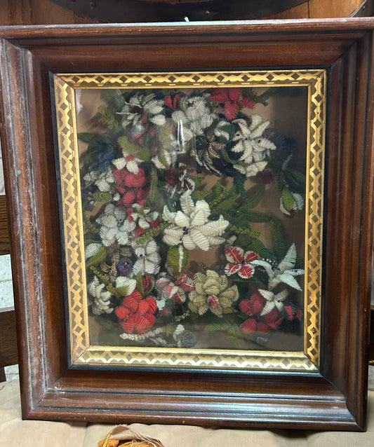 ANTIQUE YARN FLORAL ARRANGEMENT IN ORIGINAL 1870's WALNUT FRAME