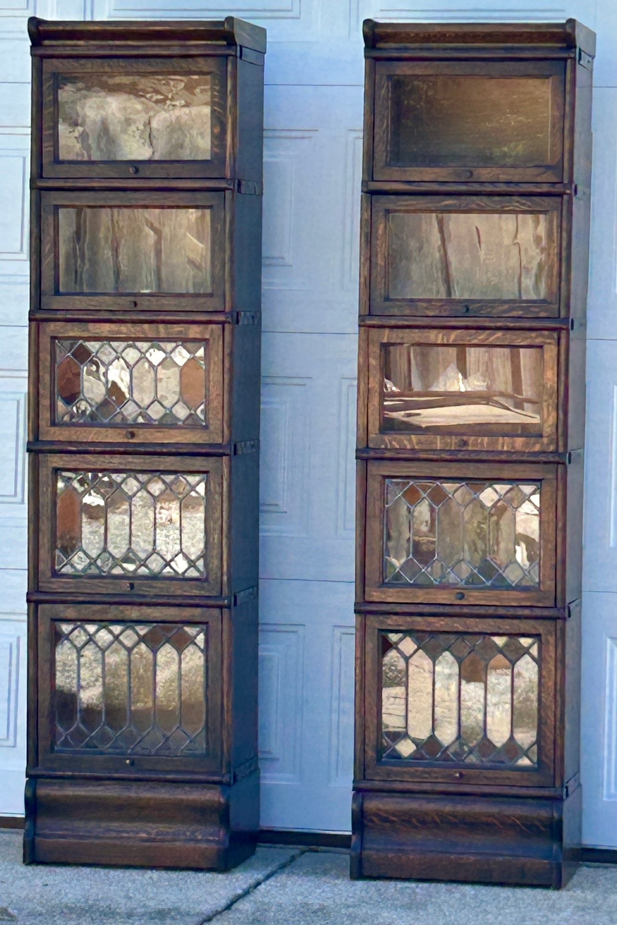 HALF SIZE FIVE STACK MISSION ANTIQUE OAK BOOKCASE WITH THREE LEADED DOOR SECTIONS