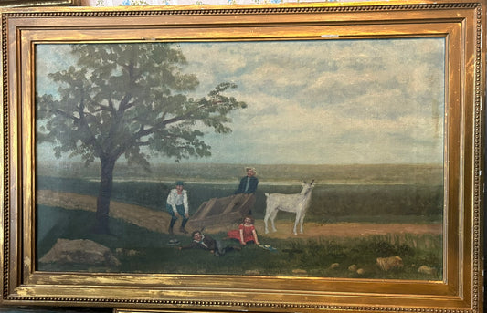 ANTIQUE PAINTING OF CHILDREN HAVING FUN WITH GOAT AND WAGON