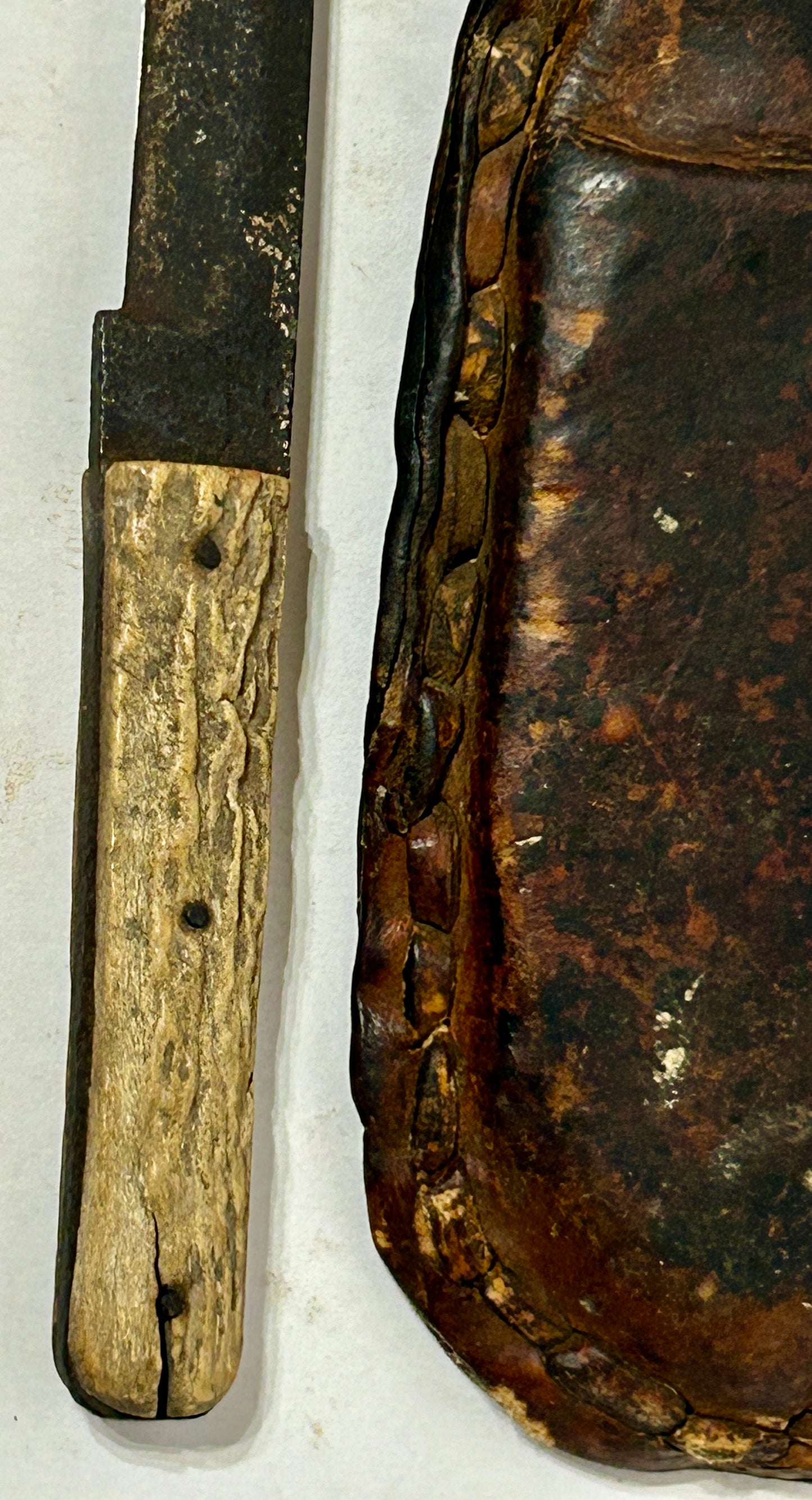 ANTIQUE KNIFE WITH STAG HANDLE IN EARLY HANDMADE SHEATH