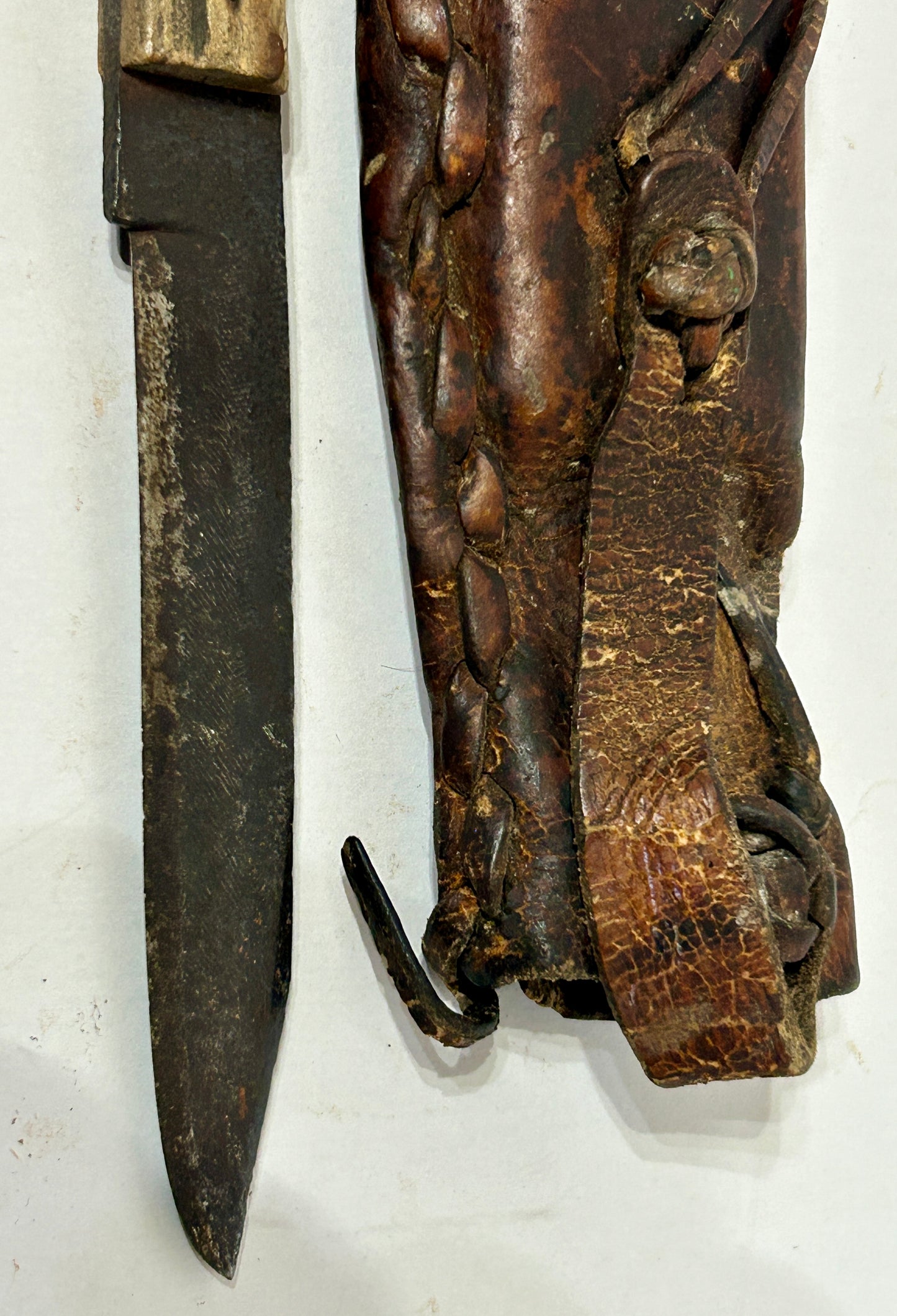 ANTIQUE KNIFE WITH STAG HANDLE IN EARLY HANDMADE SHEATH