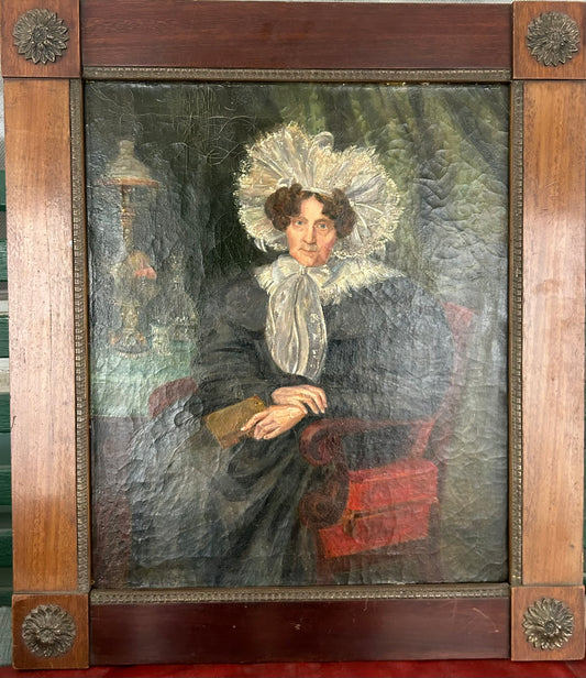ANTIQUE MID 1800's PORTRAIT OF LADY IN FANCY CLOTHES IN PERIOD FRAME