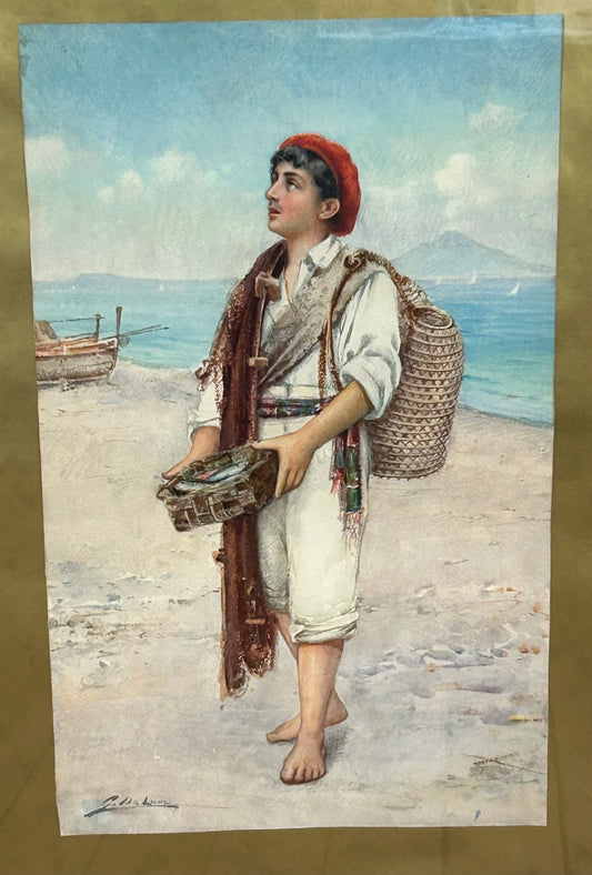 ANTIQUE WATERCOLOR PAINTING BY G. DELUCA OF BOY ON SHORE