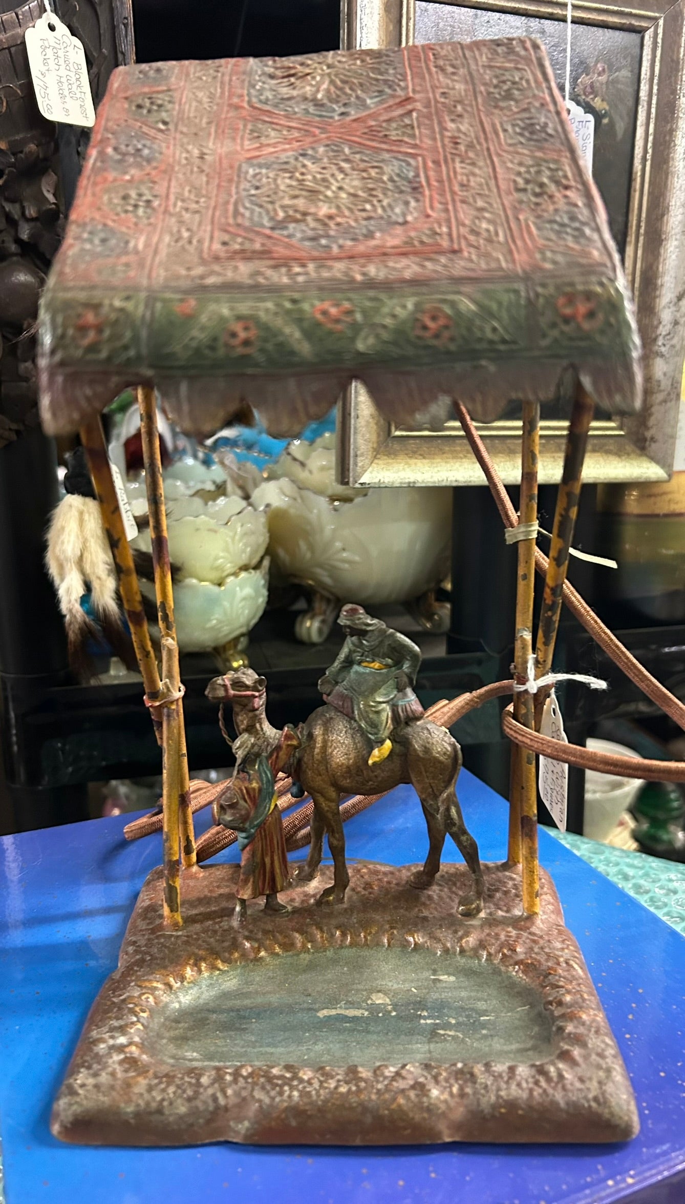 AUSTRIAN PAINTED FIGURIAL TENT SHAPE LAMP WITH CAMEL AND ARAB FIGURES