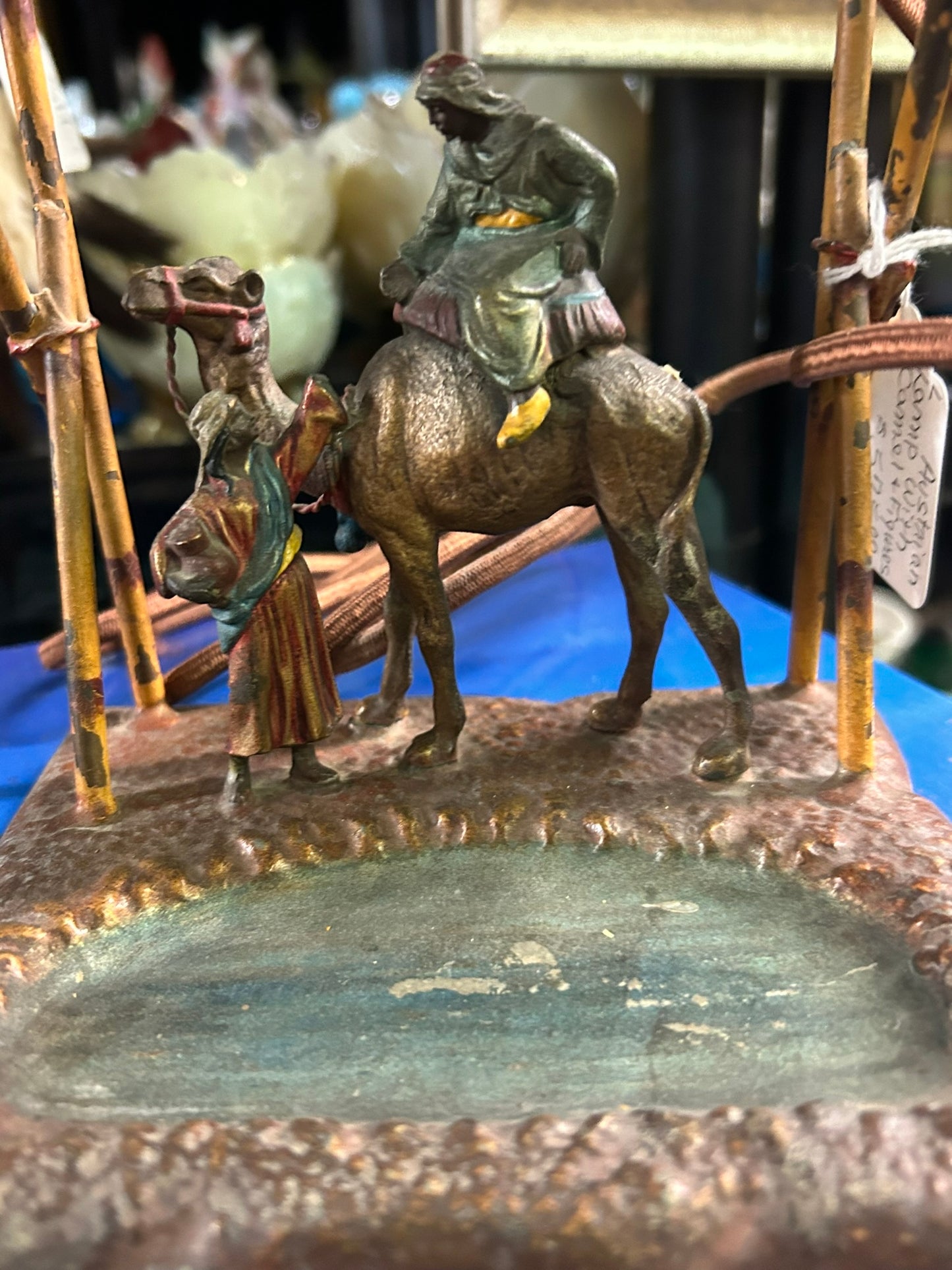 AUSTRIAN PAINTED FIGURIAL TENT SHAPE LAMP WITH CAMEL AND ARAB FIGURES