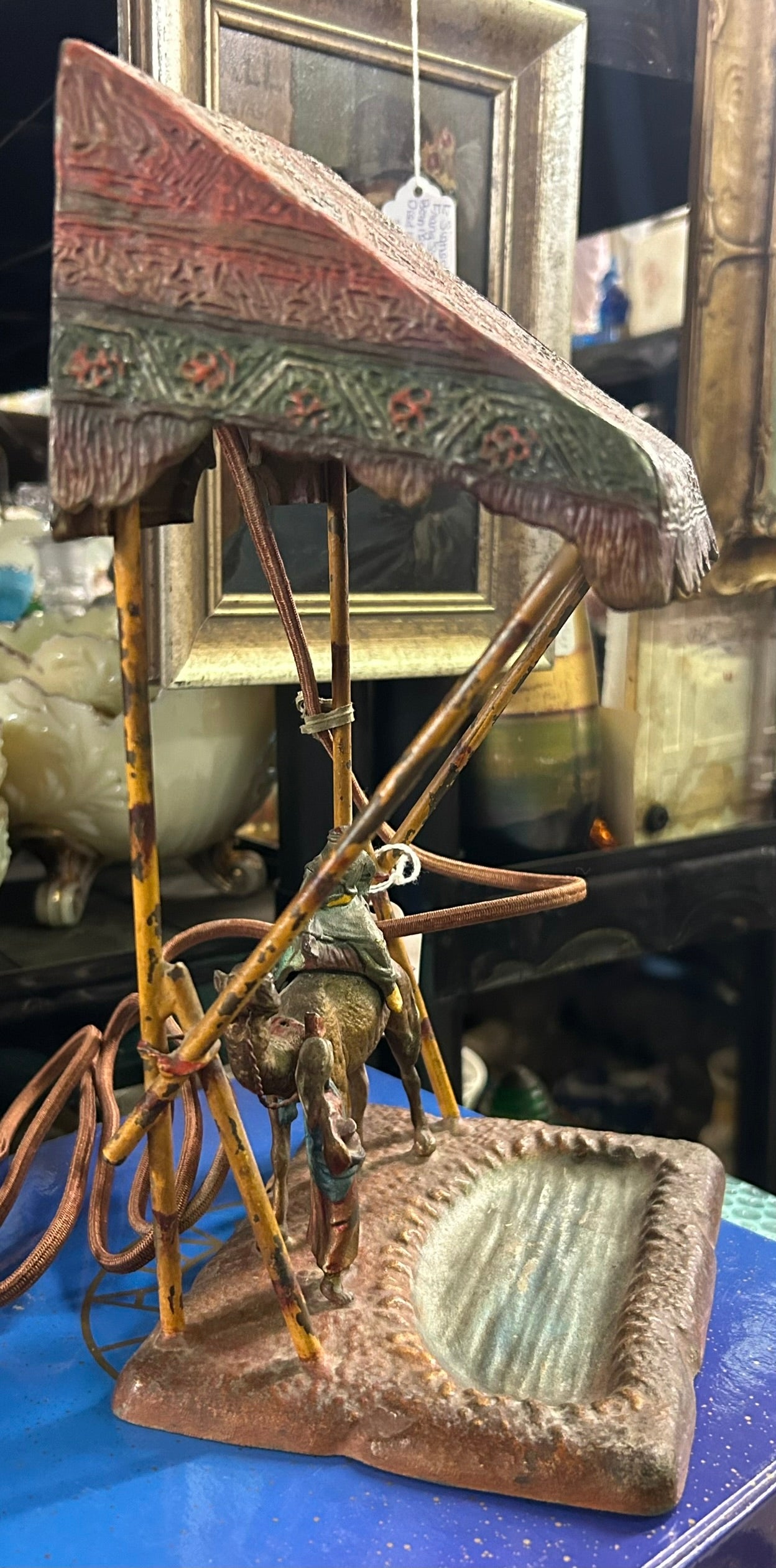 AUSTRIAN PAINTED FIGURIAL TENT SHAPE LAMP WITH CAMEL AND ARAB FIGURES
