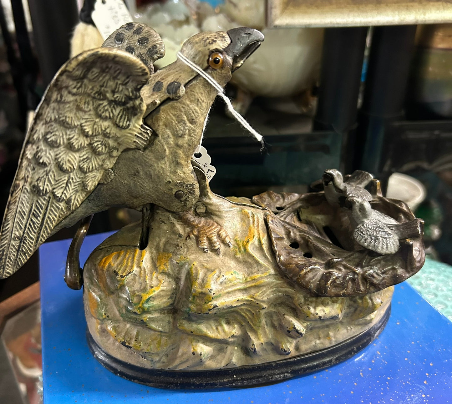 ANTIQUE EAGLE AND EAGLETS MECHANICAL BANK 6" TALL