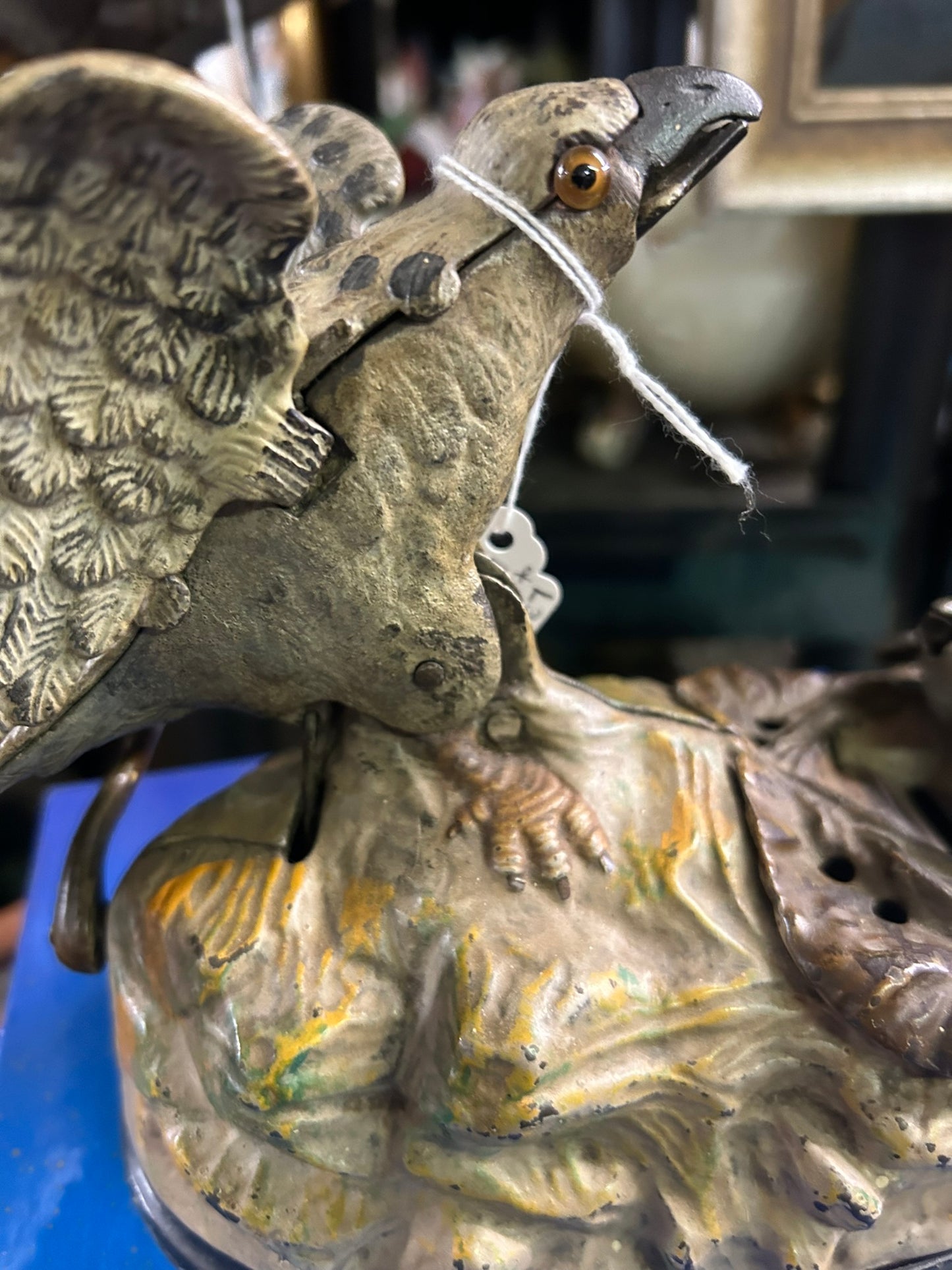 ANTIQUE EAGLE AND EAGLETS MECHANICAL BANK 6" TALL